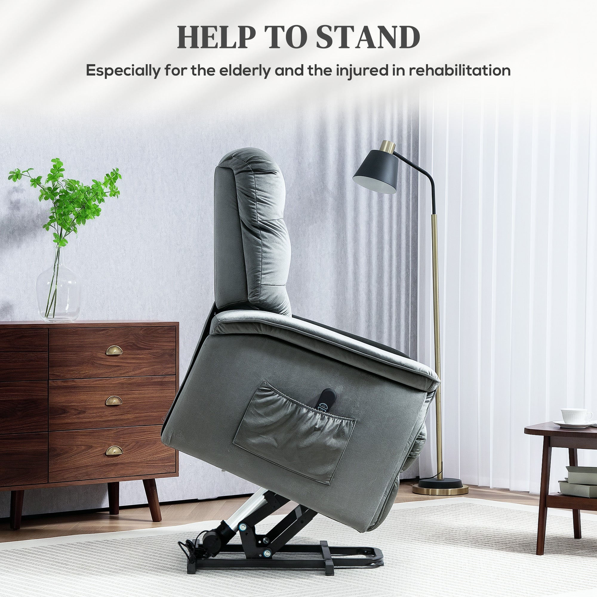 HOMCOM Velvet-Feel Electric Lift Recliner Chair - Dark Grey - North Peak Garden Furniture