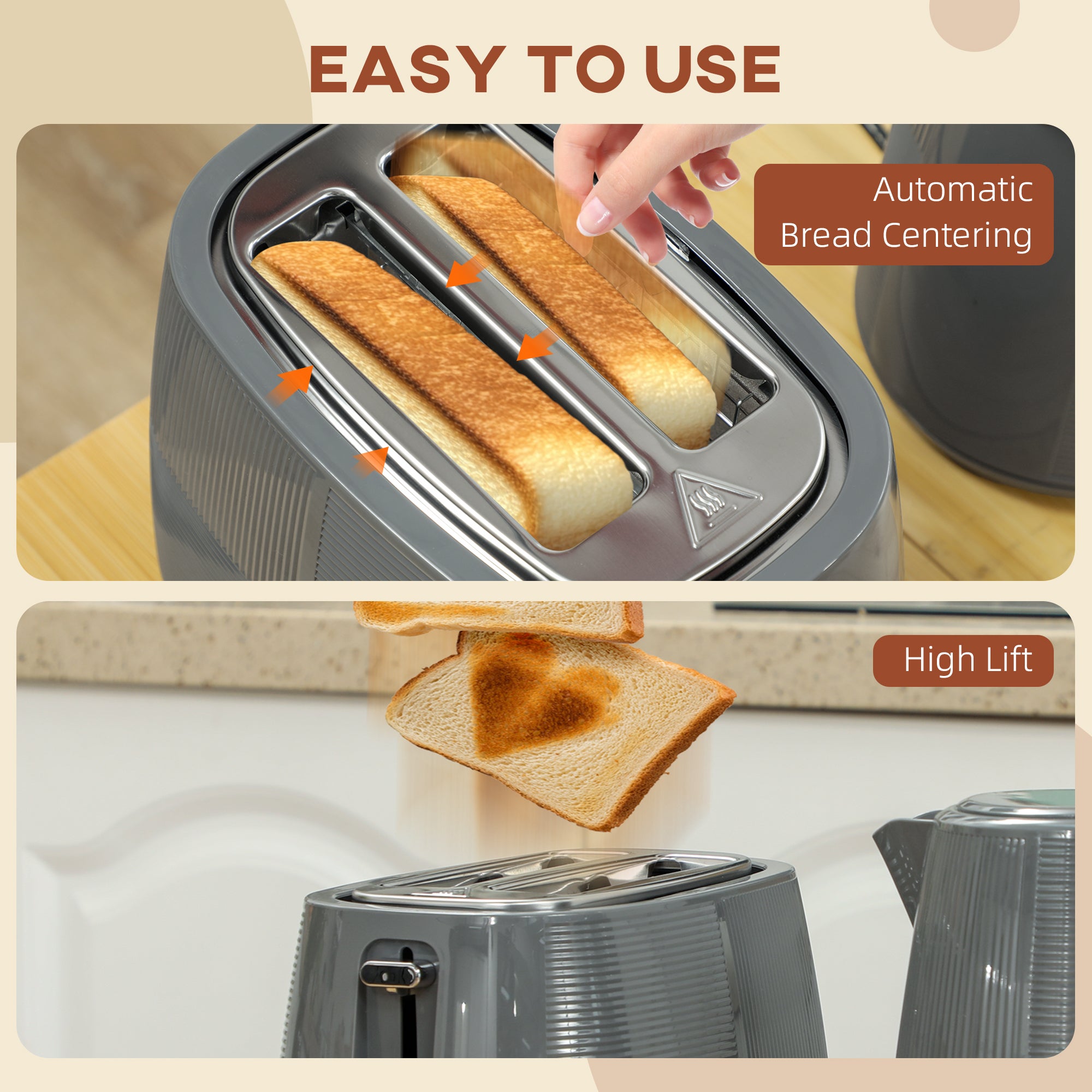 HOMCOM Kettle and Toaster Set, 1.7L 3000W Fast Boil Kettle & 2 Slice Toaster Kitchen Set with 7 Level Browning Controls, Defrost, Reheat, Boil-dry Protection, Grey - North Peak Garden Furniture