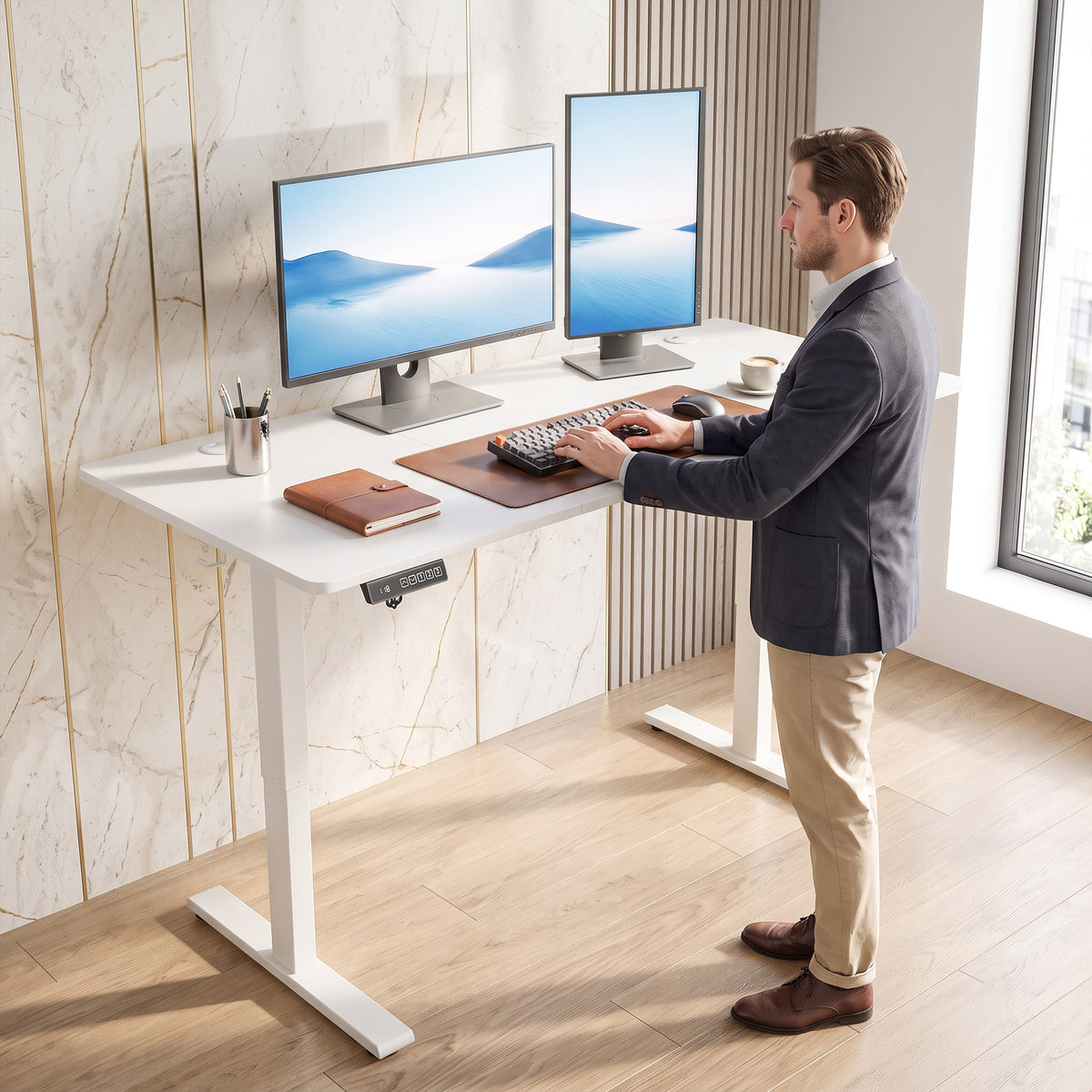 HOMCOM Standing Desk Memory Control Height Adjustable Desk 2 Cable Holes LED Display Sit Stand Desk White