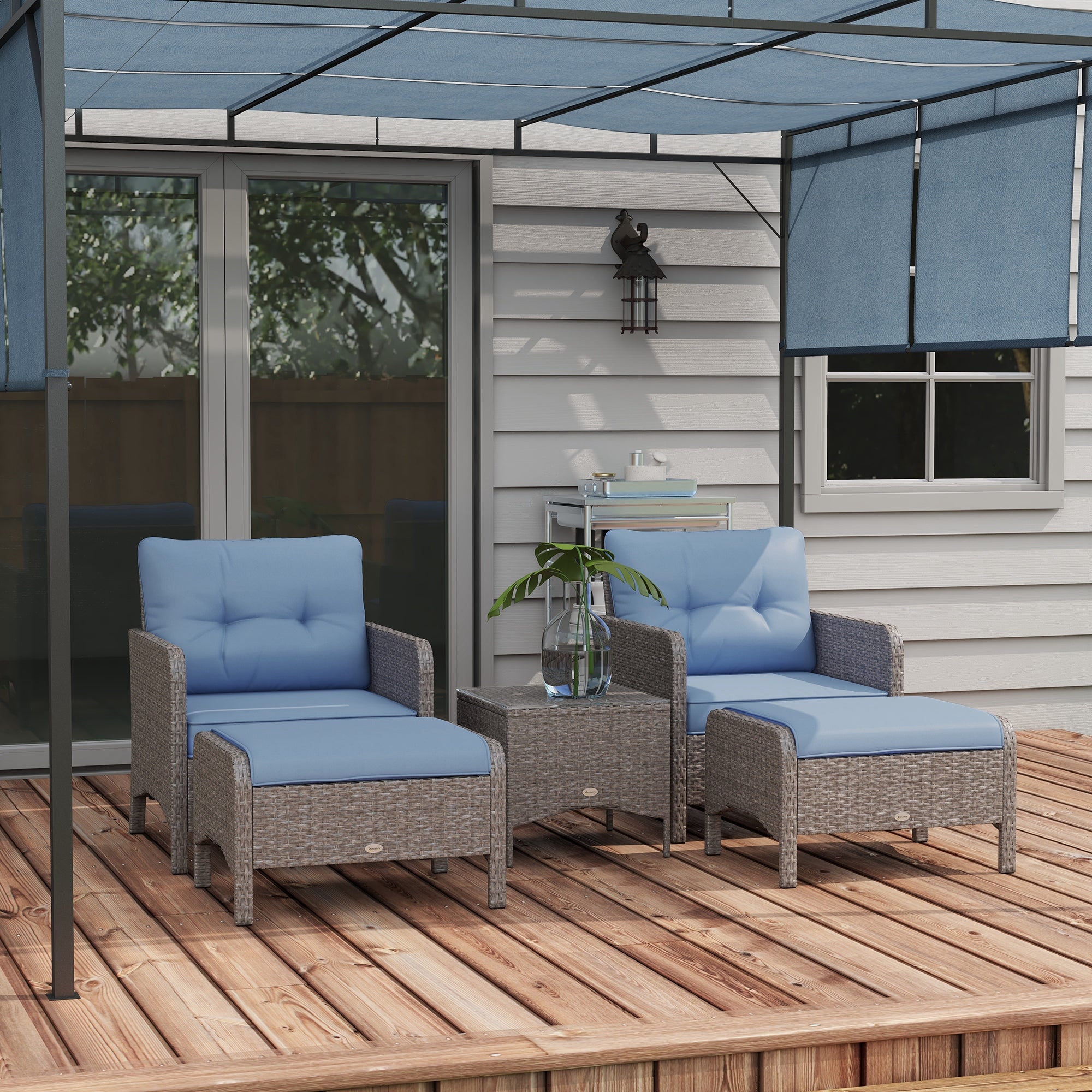 Outsunny 5 Pieces PE Rattan Garden Furniture Set, Wicker Outdoor Sofa Set w/ 2 Armchairs 2 Stools Glass Top Table Cushions, Blue - North Peak Garden Furniture