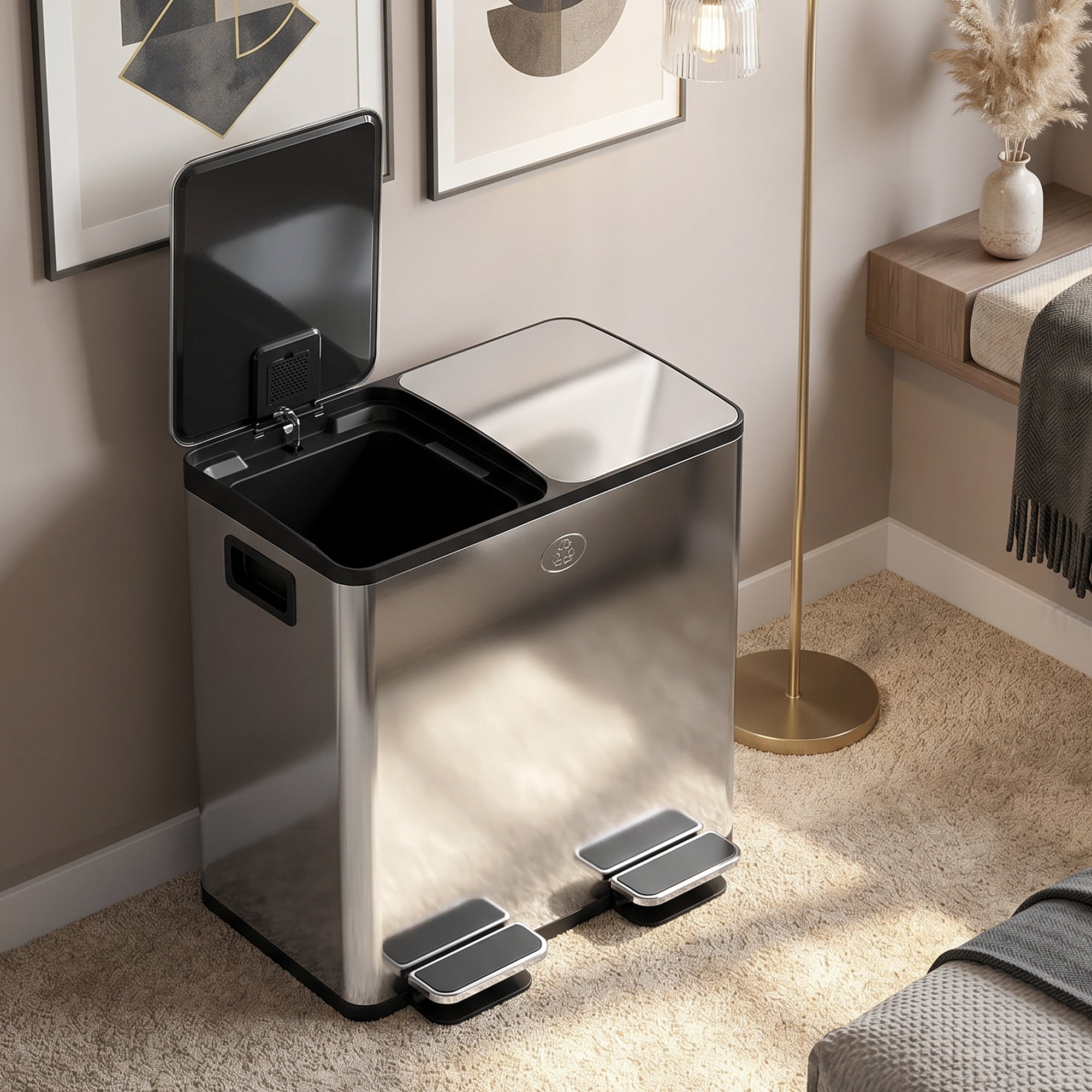 HOMCOM 40L Dual Compartment Stainless Steel Bin, with Deodoriser Holders - Silver Tone