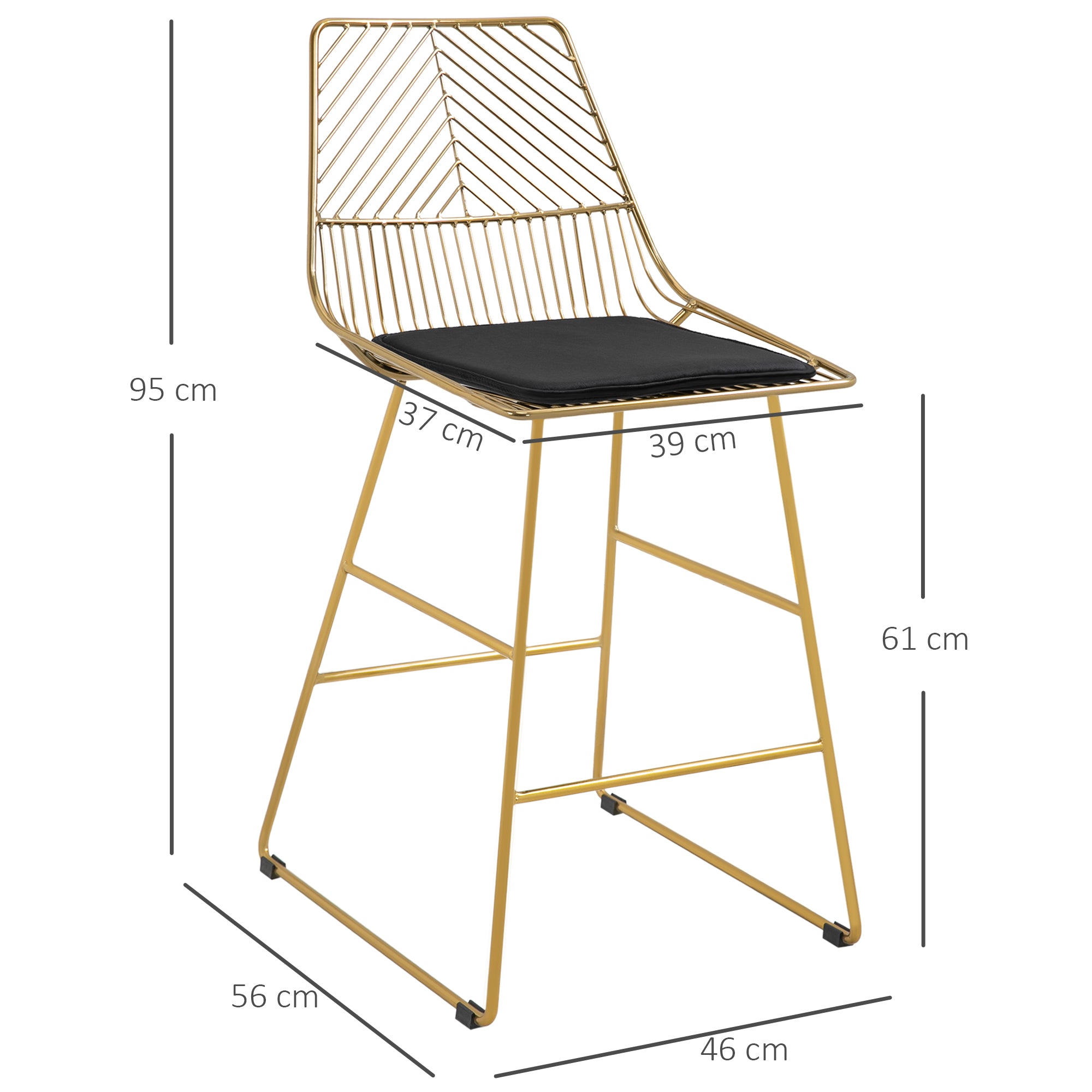 HOMCOM Set of 2 Bar stools Modern Counter Height Wire Metal Bar chairs for Kitchen, Bar Counter, Gold - North Peak Garden Furniture