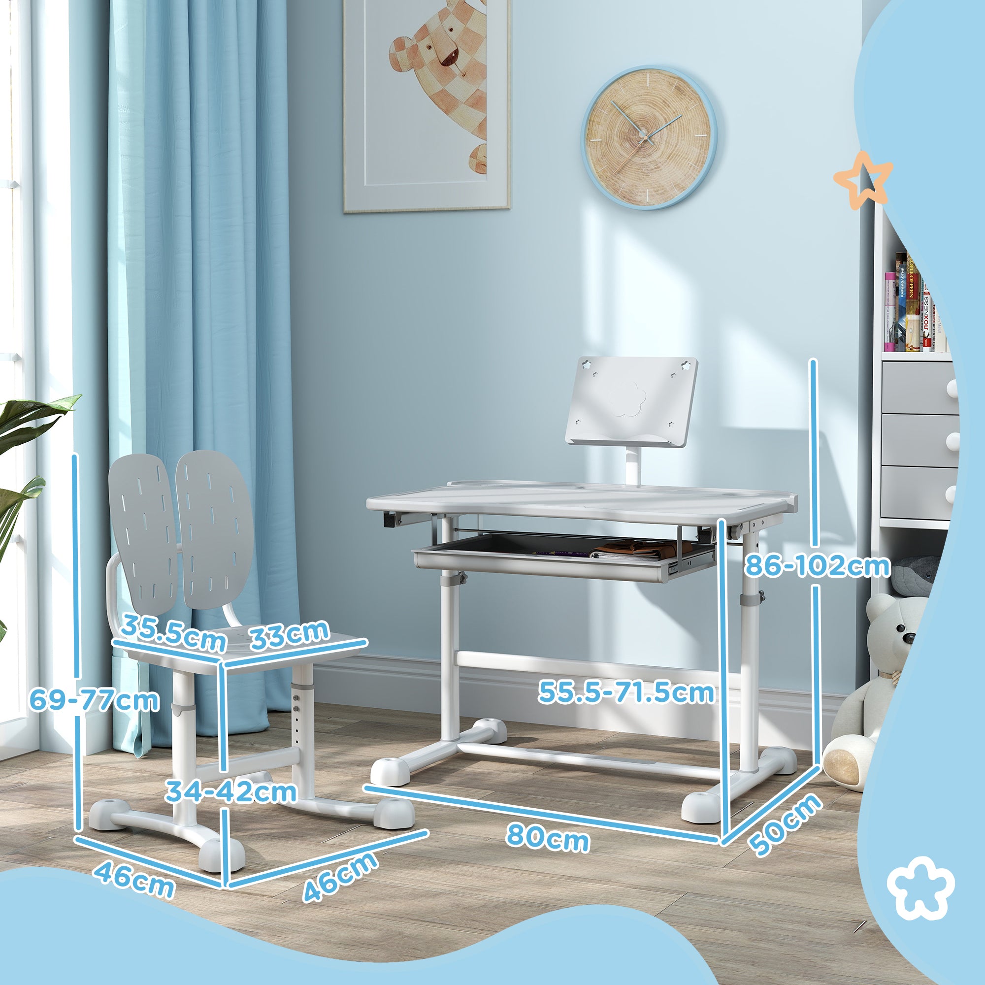 AIYAPLAY Height Adjustable Kids Desk and Chair Set, School Study Writing, Reading Table Chair Set w/ Tilted Desktop, Grey - North Peak Garden Furniture