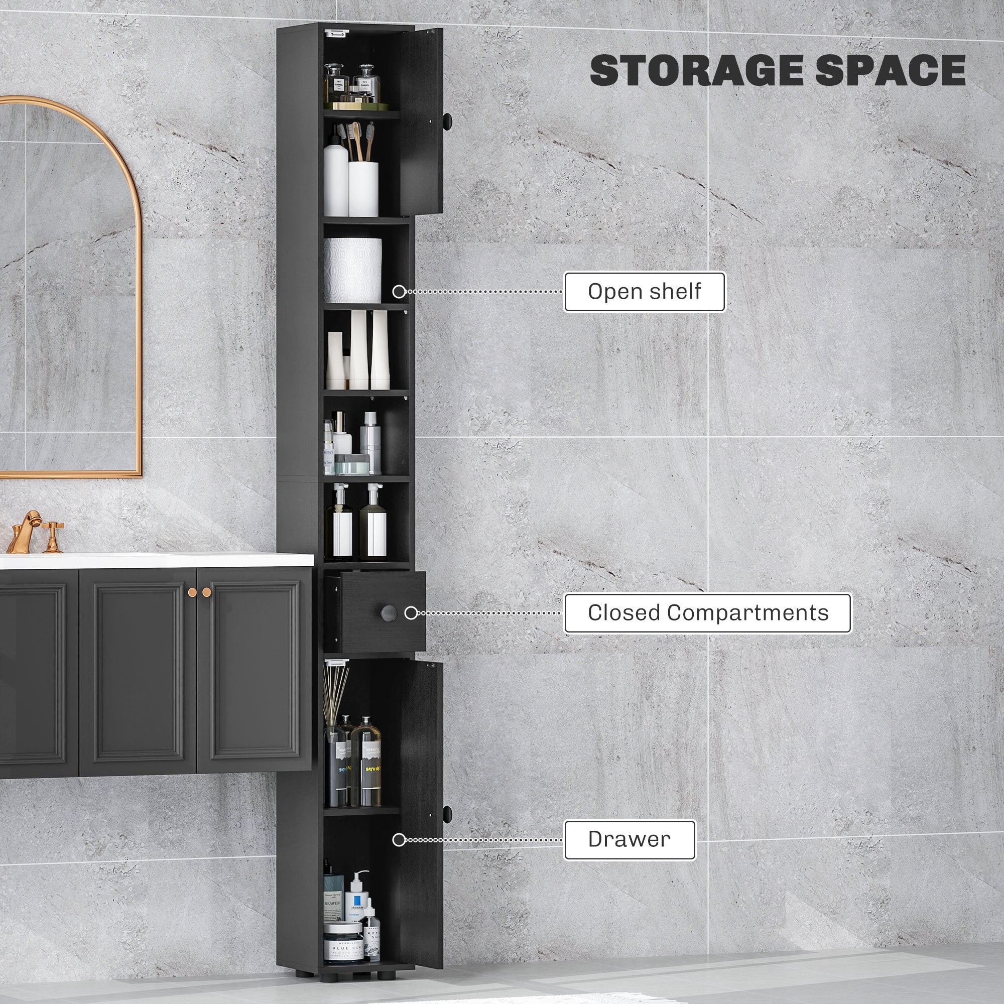 kleankin 180cm Slim Bathroom Cabinet, with Drawer, Shelves and Cupboards - Black