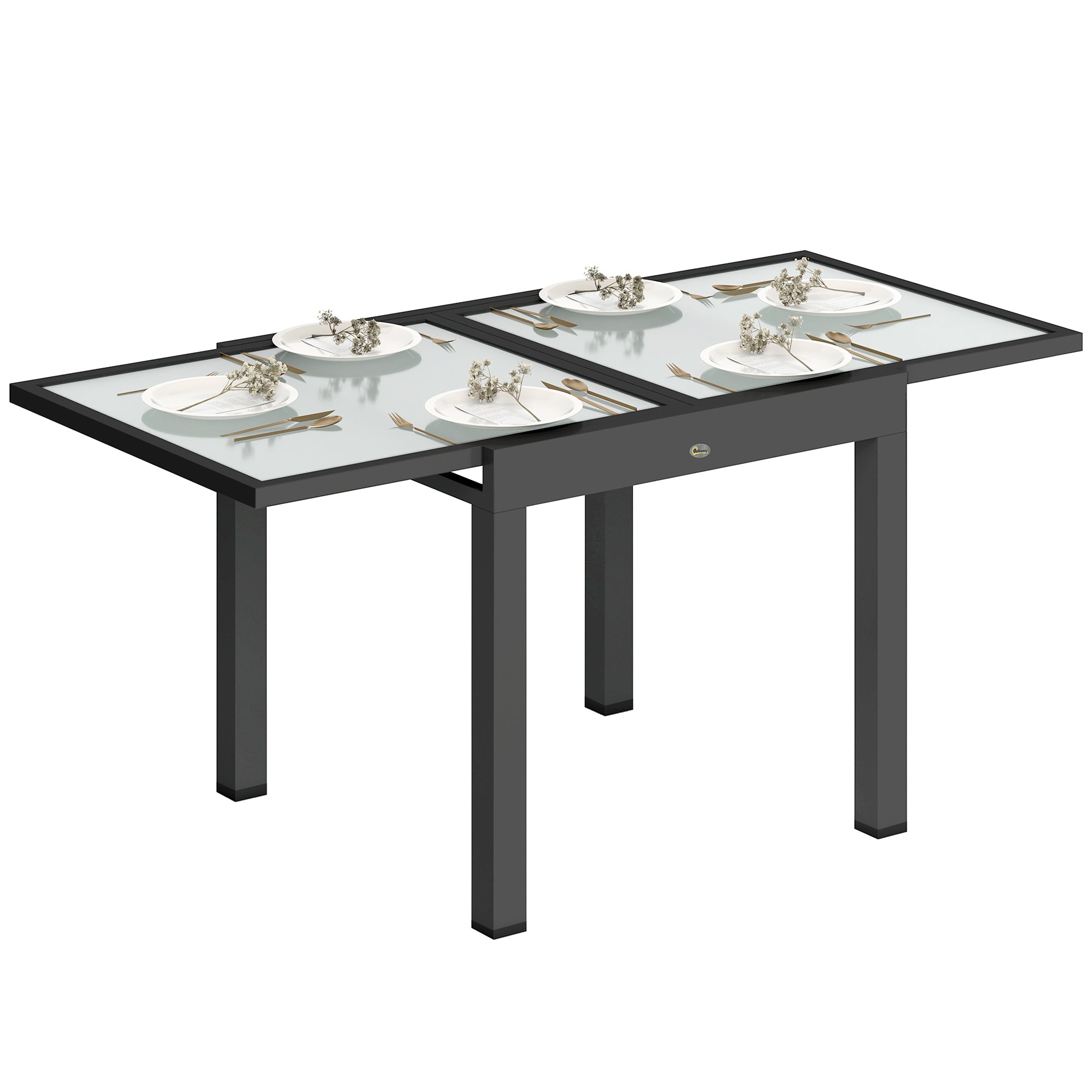 Outsunny Extending Garden Table, Outdoor Dining Table with Aluminium Frame and Tempered Glass Tabletop, 80/160 x 80 x 75 cm, Black and Clear
