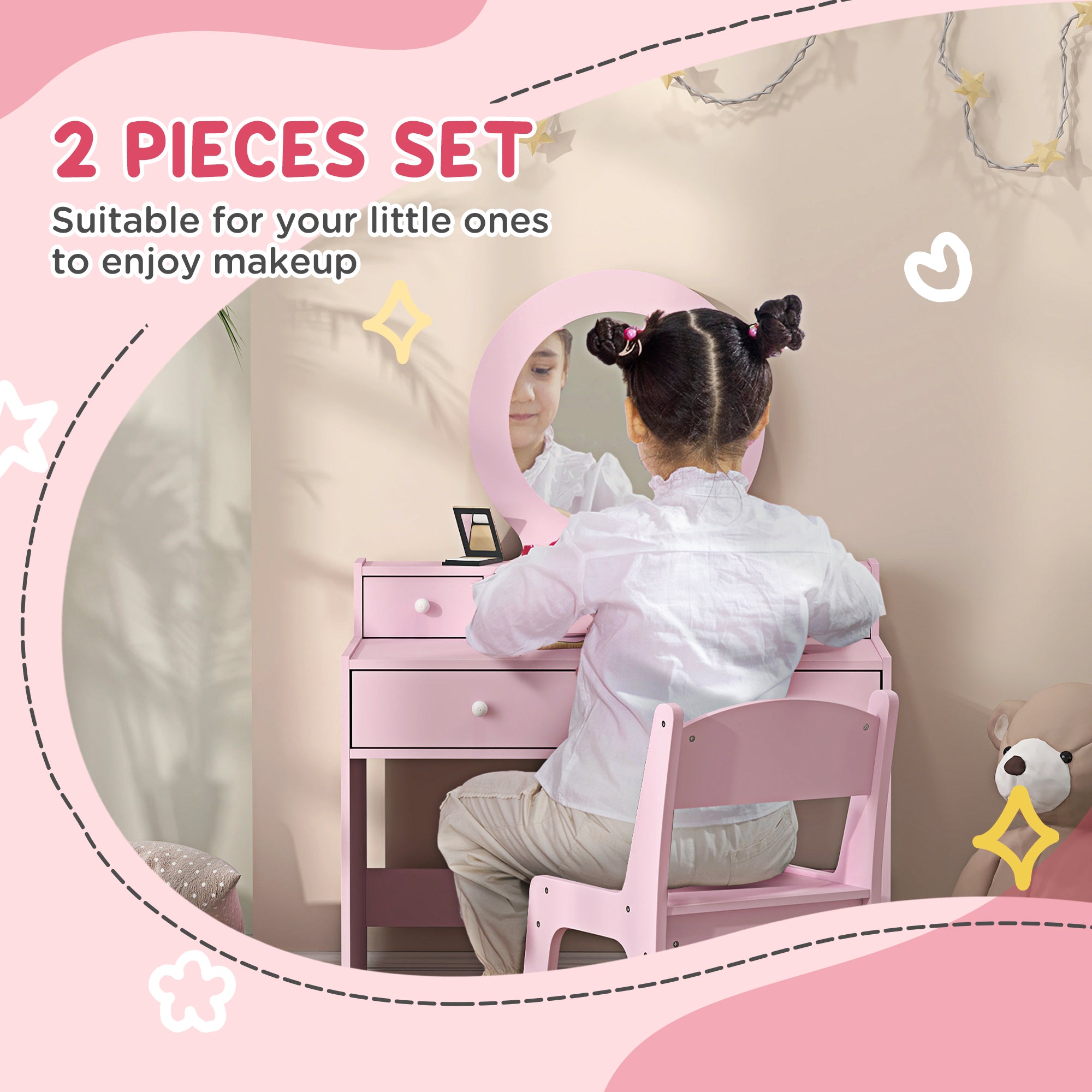 AIYAPLAY Kids Dressing Table Set Kids Make up Table with Stool and Mirror, Storage Drawers, Gift for Aged 3-8 - North Peak Garden Furniture
