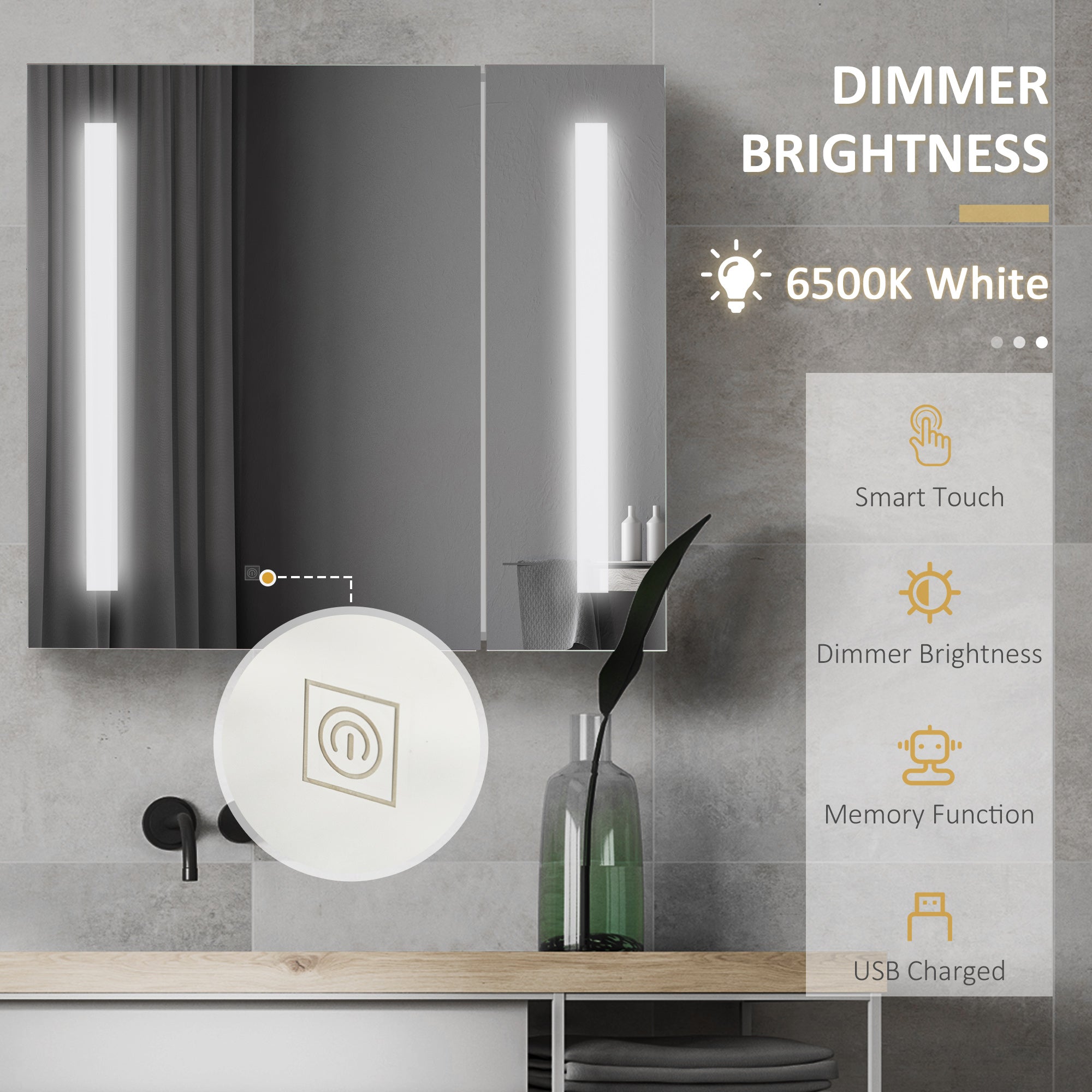 Illuminated Bathroom Mirror Cabinet 650 x 700Hmm LED Bathroom Mirror with Lights Touch Switch, Adjustable Shelf, USB Charge, White - North Peak Garden Furniture