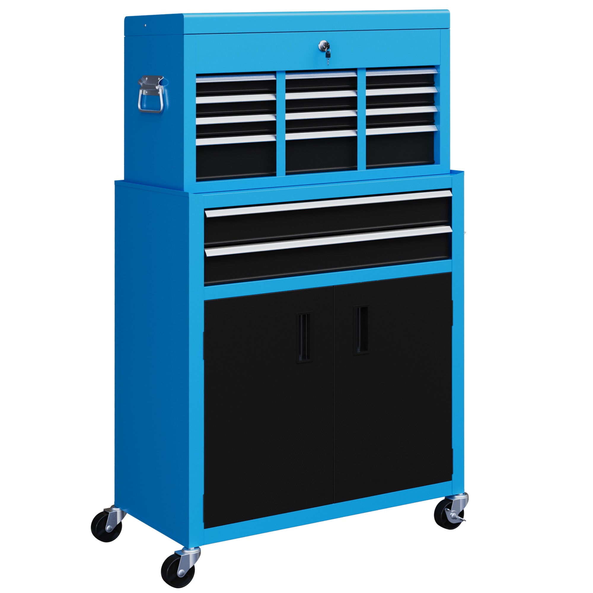 HOMCOM Portable Tool Box, Metal Tool Chest on Wheels with 6 Drawers for Garage and Workshop, Blue - North Peak Garden Furniture