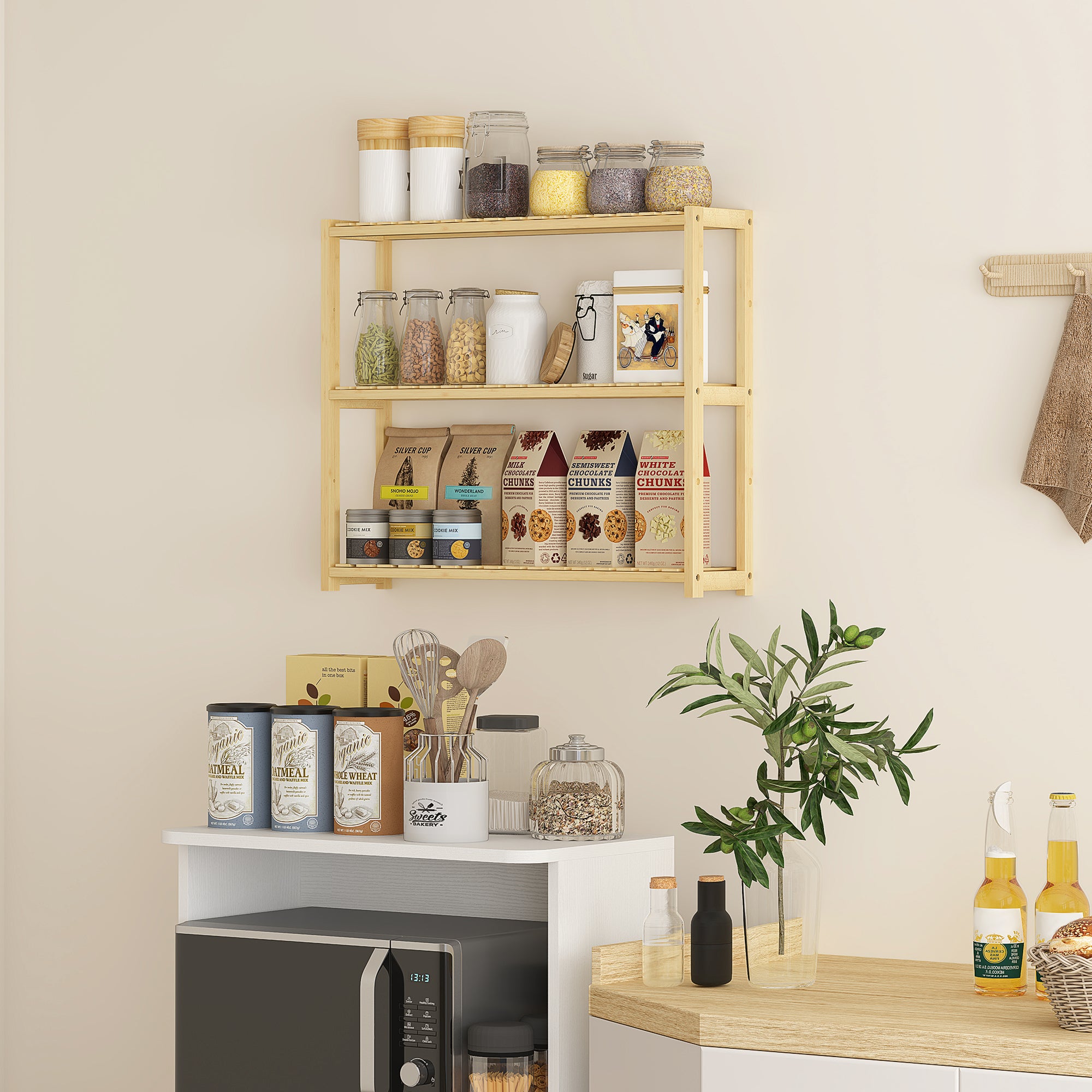 HOMCOM 3-Tier Bamboo Bathroom Storage Shelf, Wall-Mounted or Stand, Display Stand Shelving Unit with Adjustable Rack for Kitchen Bathroom Living Room, Natural - North Peak Garden Furniture
