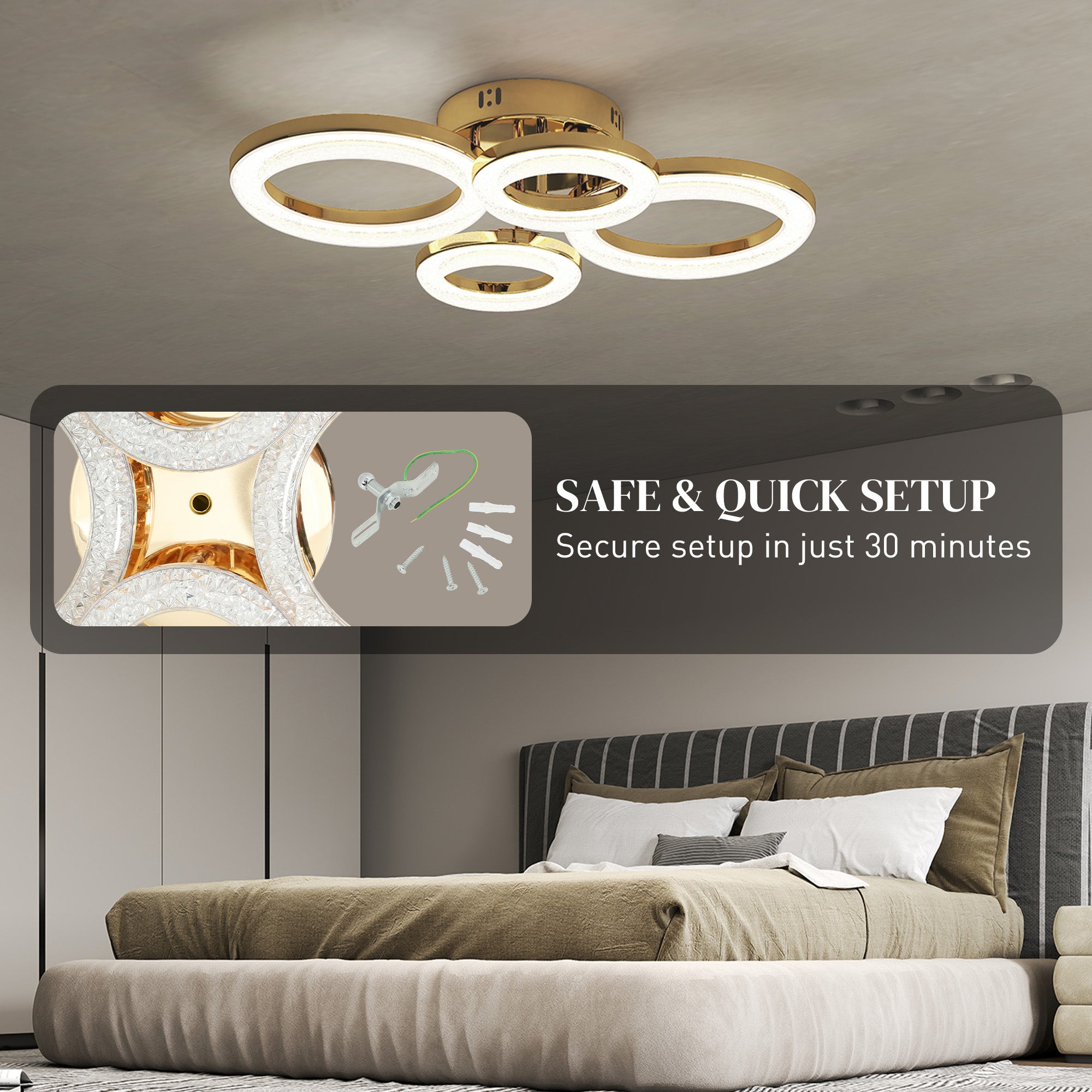HOMCOM LED Ceiling Light, Modern 4 Rings Ceiling Lamp with Wall Switch Control, 40W 4350lm Flush Mount Ceiling Light with 3500K/4500K/6000K Colour Temperatures for Living Room, Bedroom, Gold Tone