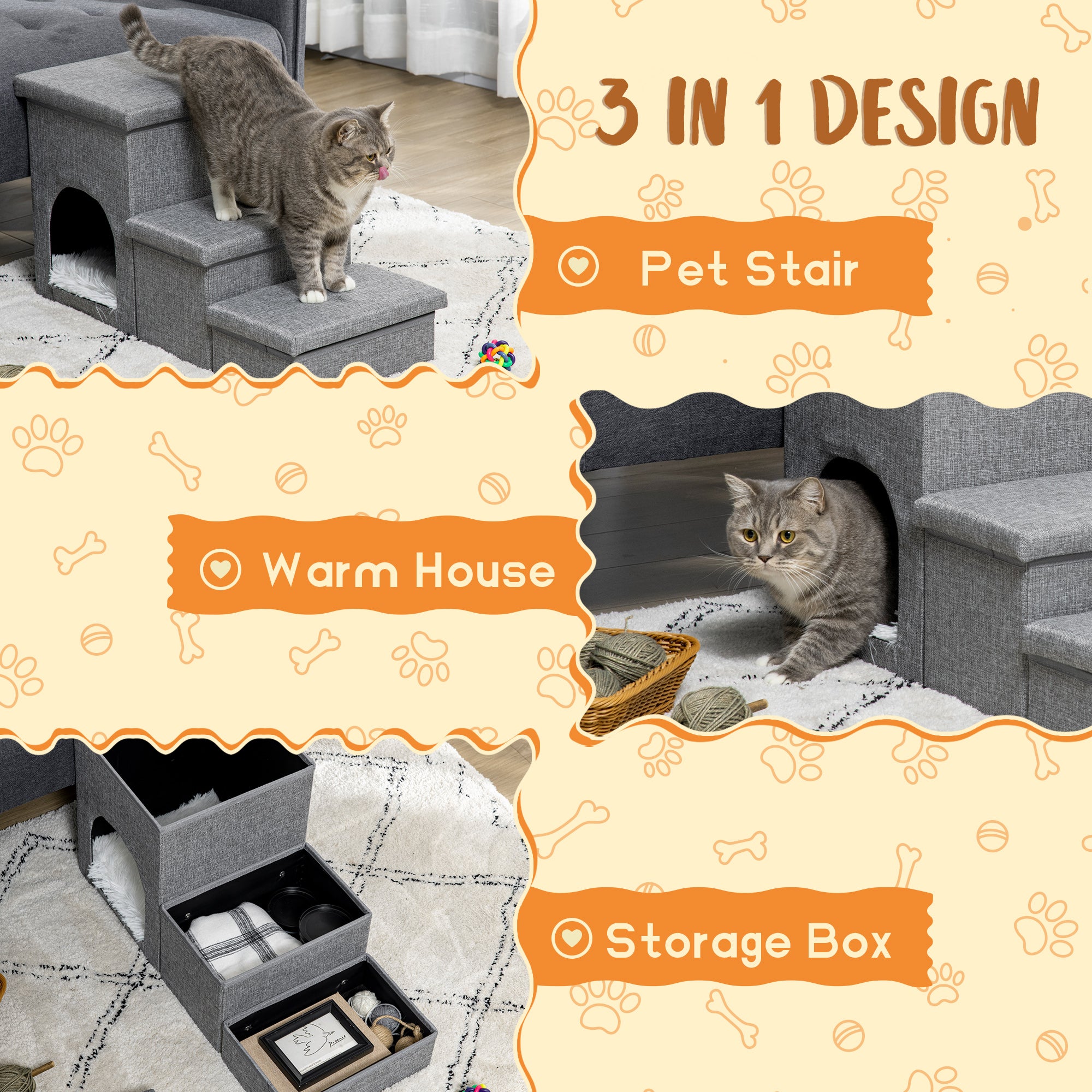 PawHut Dog Steps 3-step Pet Stairs with Kitten House and 2 Storage Boxes, 3 in 1 Dog Ramp for Sofa with Washable Plush Cushion - North Peak Garden Furniture