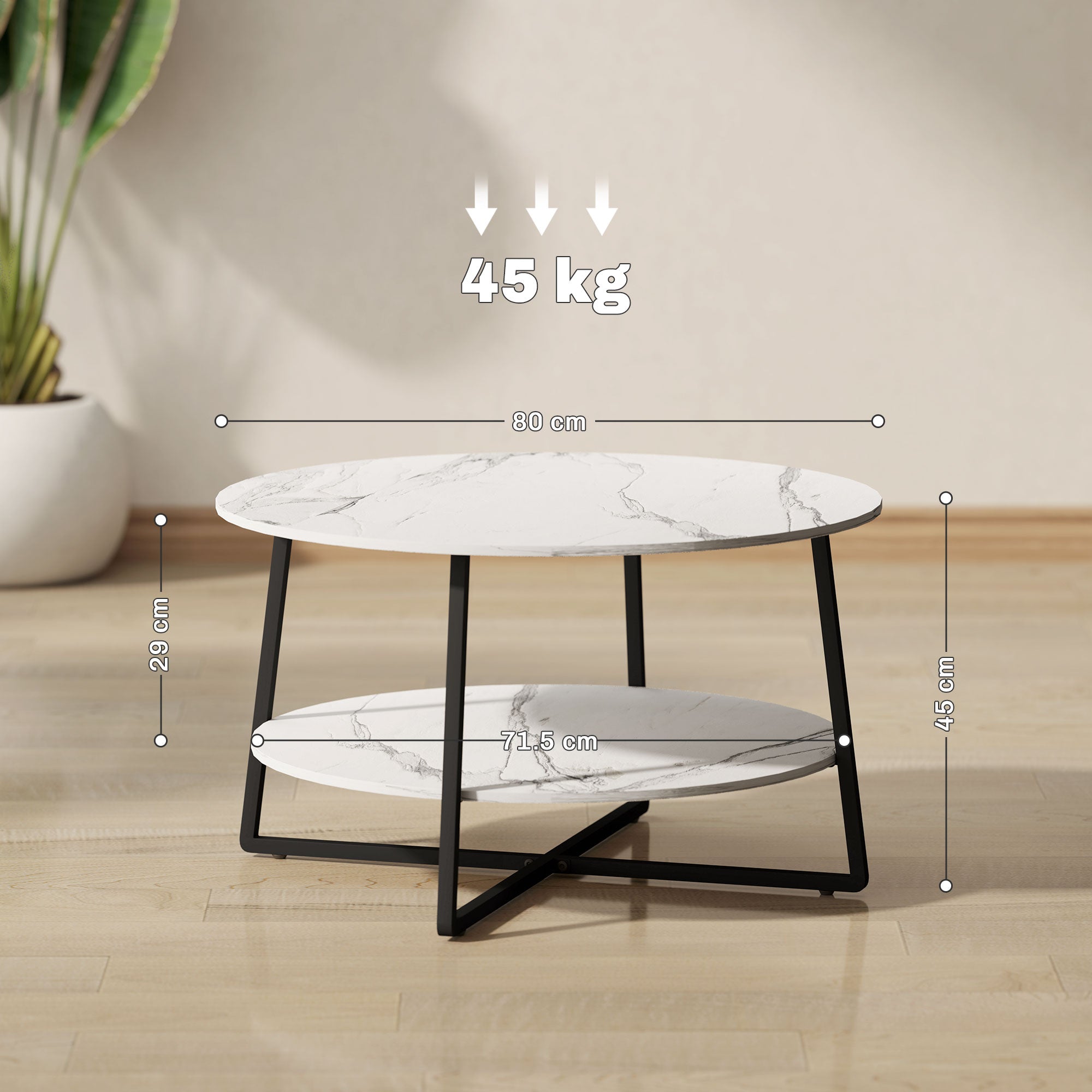 HOMCOM 2-Tier Round Coffee Table with Storage Shelf, Living Room Table with Marble Effect Top and Steel Frame, White - North Peak Garden Furniture