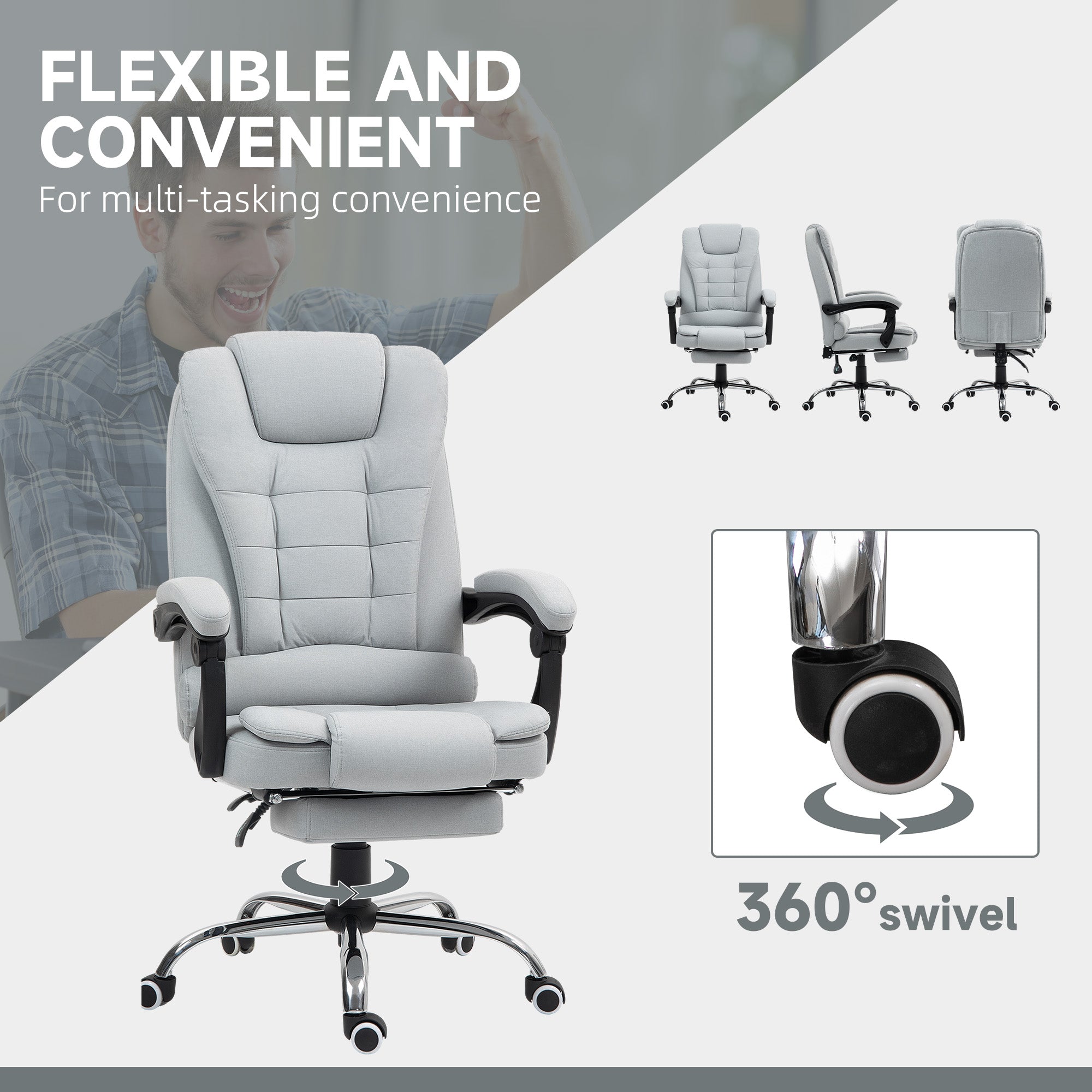 HOMCOM Linen-Look Adjustable Office Chair - Light Grey - North Peak Garden Furniture