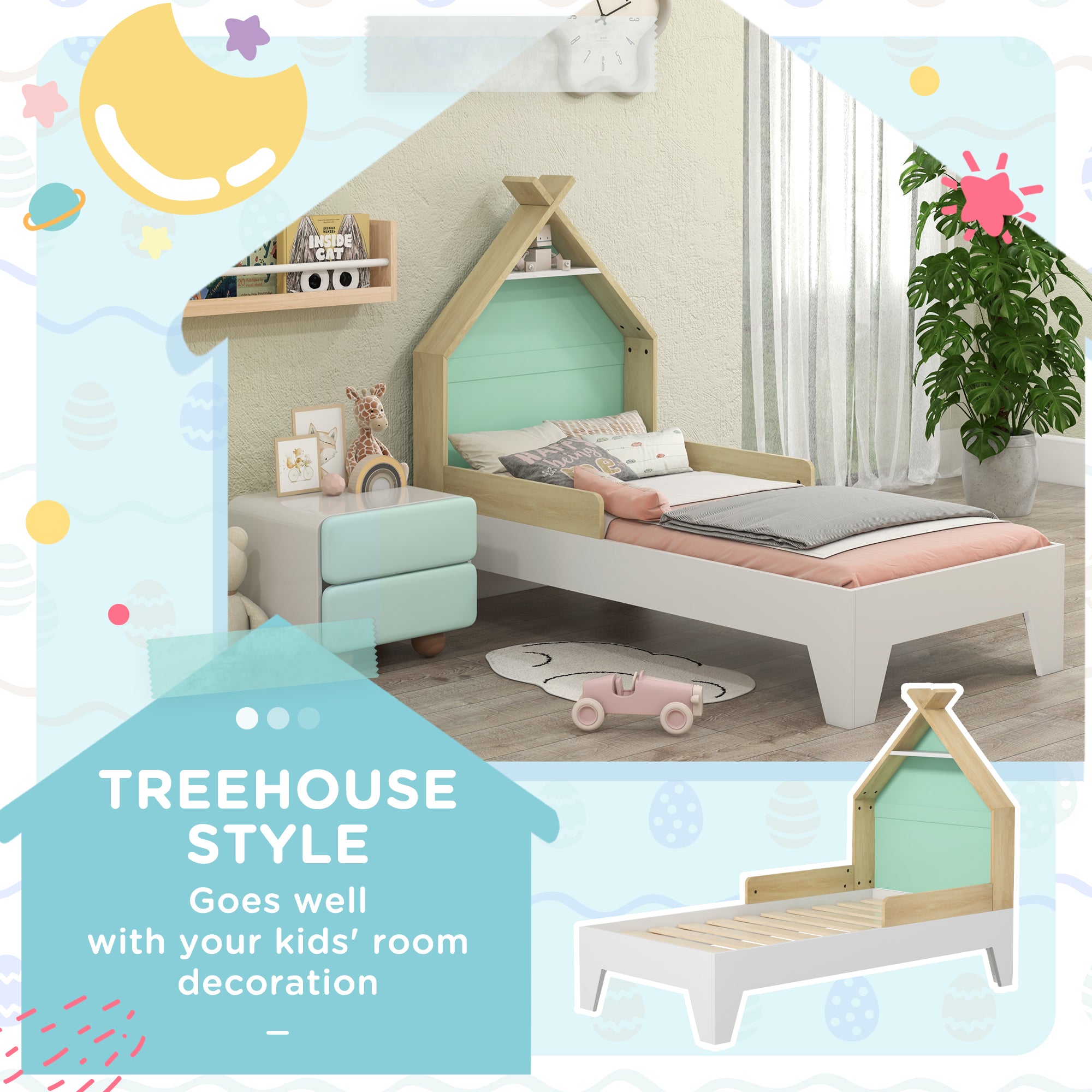 AIYAPLAY Toddler Bed Frame Treehouse Style, Single Bed Frame with Safety Guardrails, Green - North Peak Garden Furniture