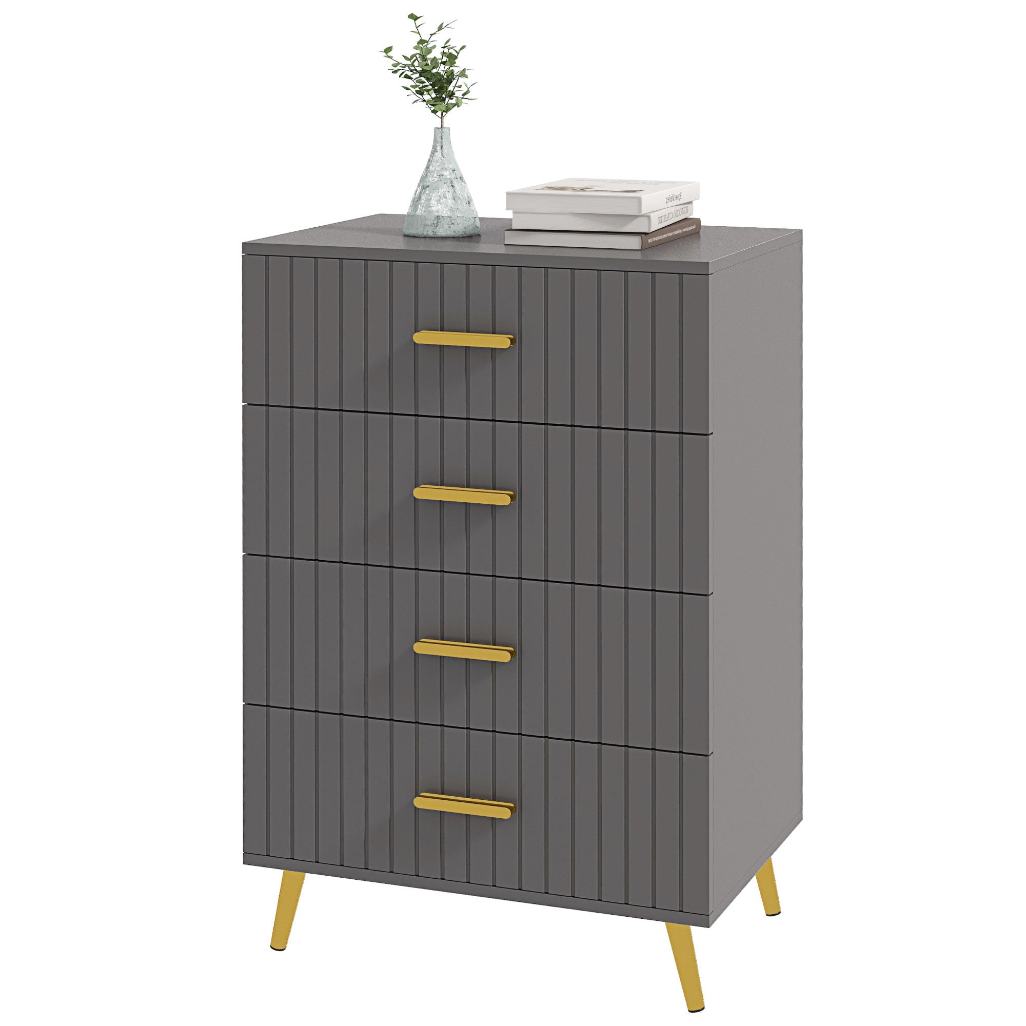 HOMCOM Four Drawer Embossed Line Dresser - Grey/Gold Tone