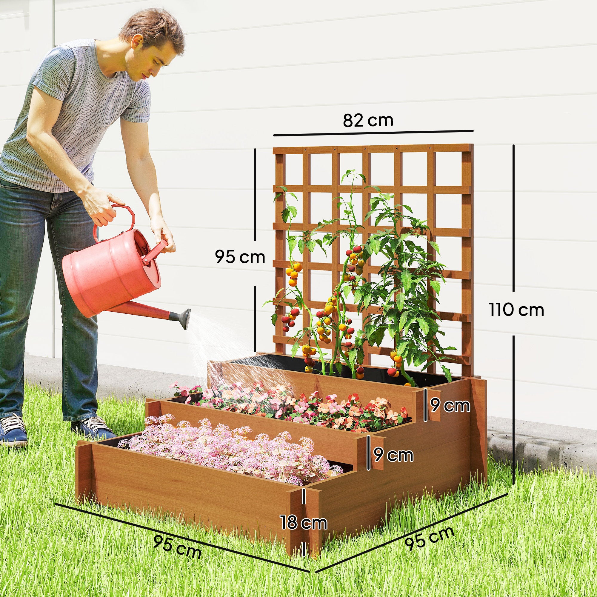 Outsunny 3 Tier Garden Planters with Trellis for Vine Climbing, Wooden Raised Beds, 95x95x110cm, Brown