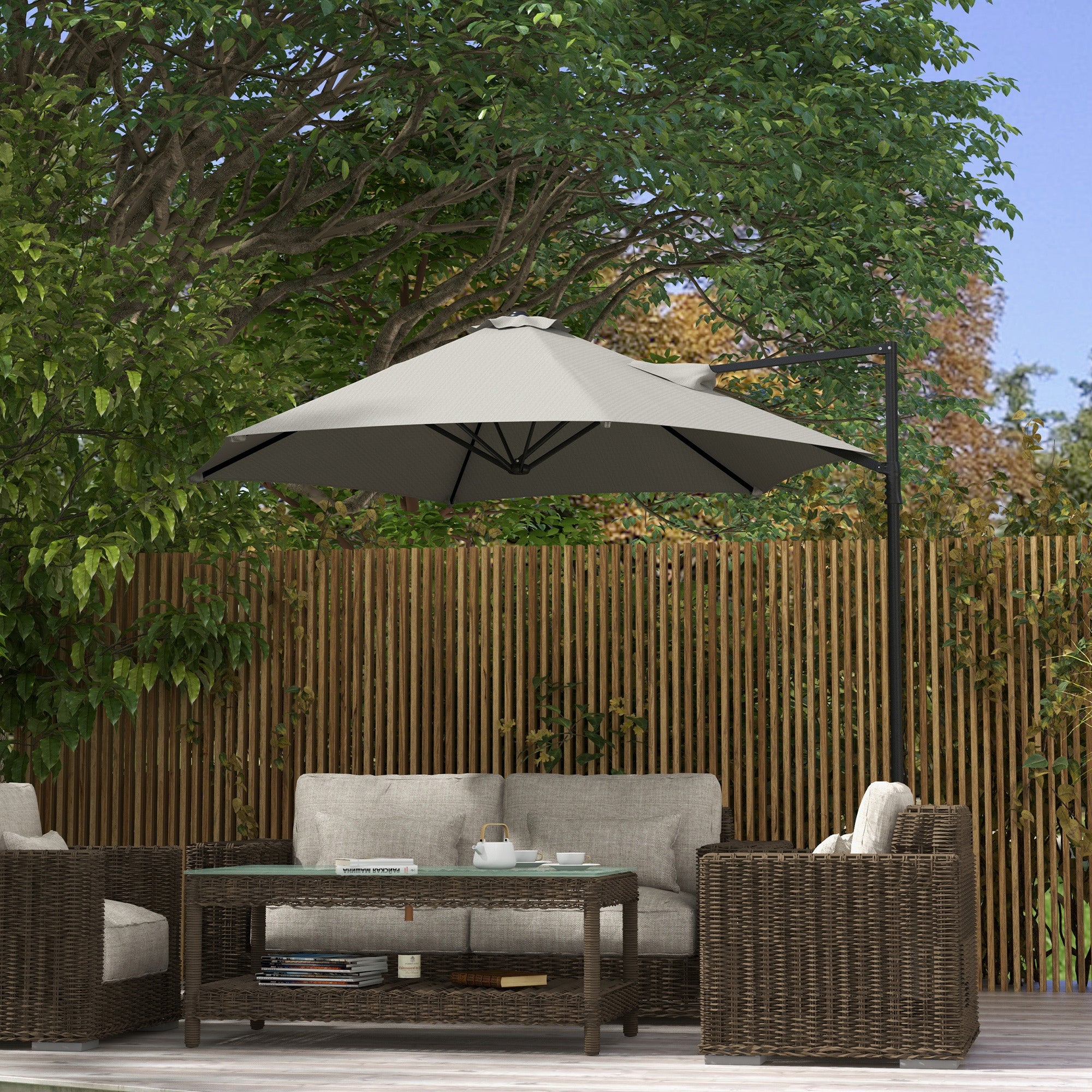 Outsunny 2.5M Garden Cantilever Parasol, Offset Roma Patio Umbrella Hanging Sun Shade Canopy Shelter with 360° Rotation and Cross Base, Light Grey - North Peak Garden Furniture