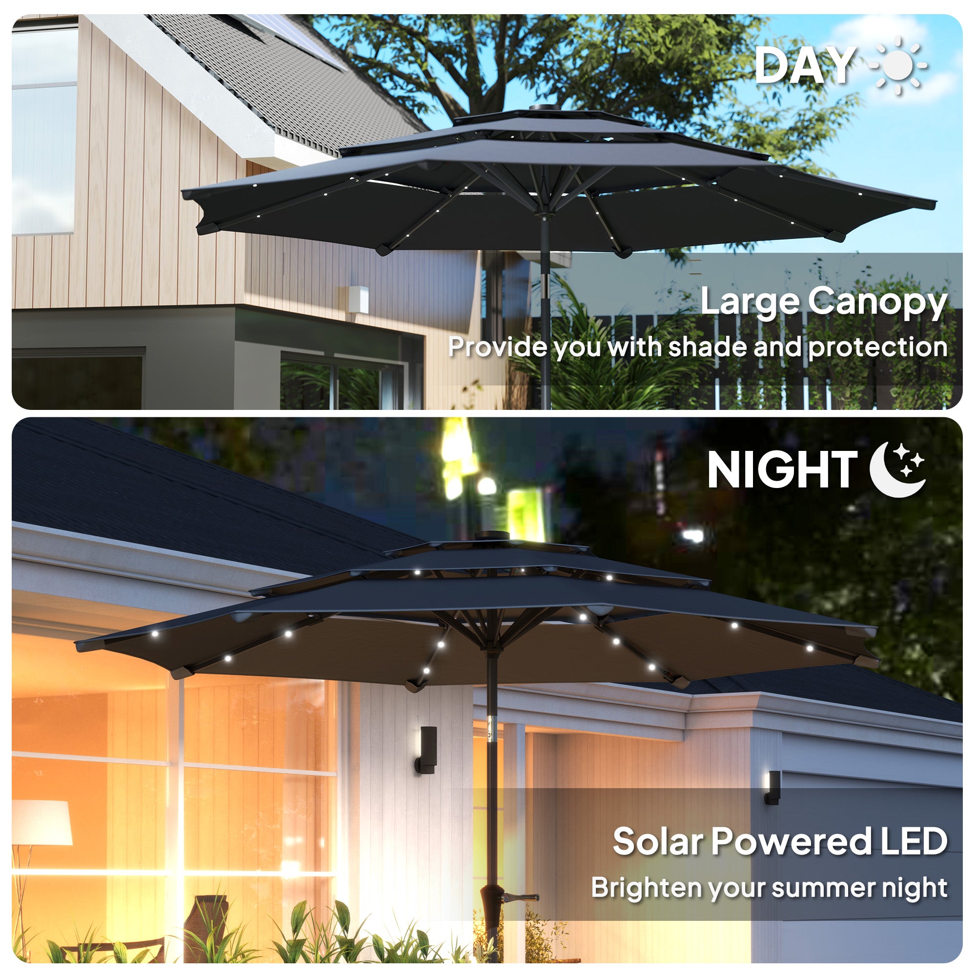 Outsunny 3-Tier Garden Parasol with Solar LED Lights, UPF 30+, Tilt Mechanism & Crank Handle, for Market Terrace, Dark Grey - North Peak Garden Furniture