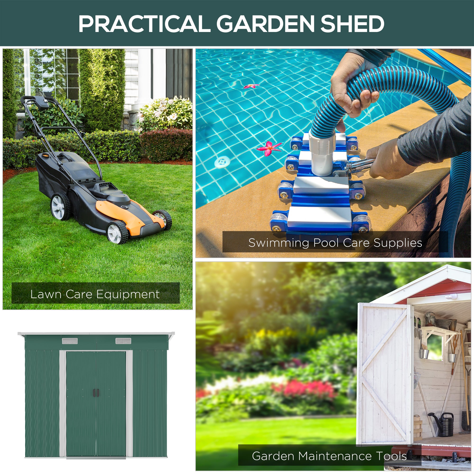Outsunny 7 x 4ft Outdoor Storage Shed with Foundation Kit, Lean to Metal Garden Shed for Log, Rubbish Bin, Tool, Lawnmower, Bike, Patio and Lawn Use, Green - North Peak Garden Furniture