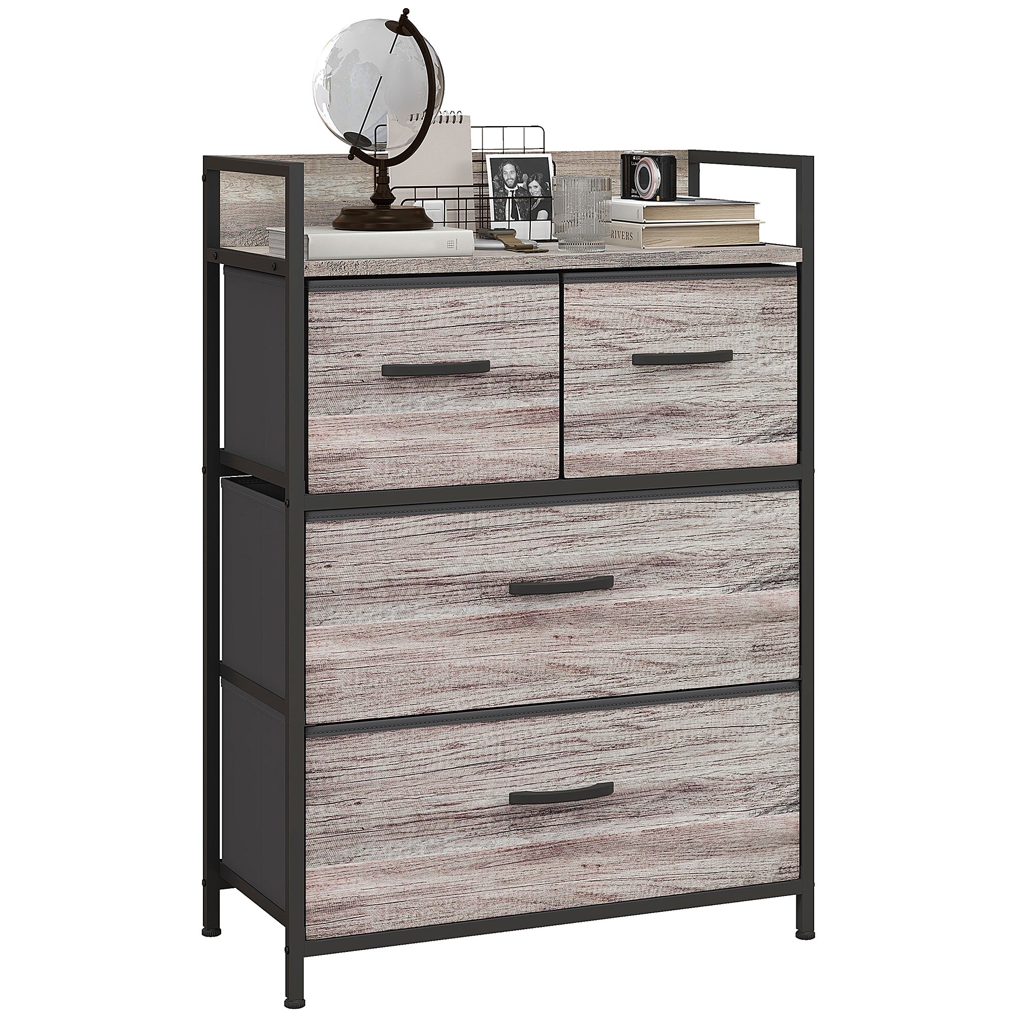 HOMCOM Rustic Chest of Four Fabric Drawers - Grey Wood Effect - North Peak Garden Furniture
