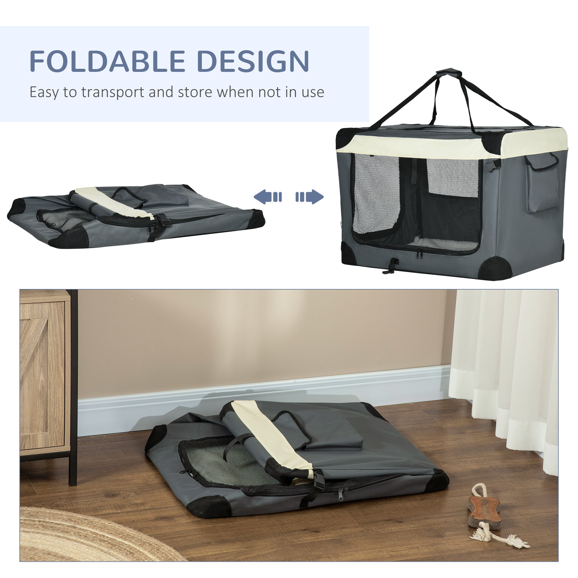 PawHut 81cm Foldable Pet Carrier, with Cushion, for Medium Dogs and Cats - Grey - North Peak Garden Furniture