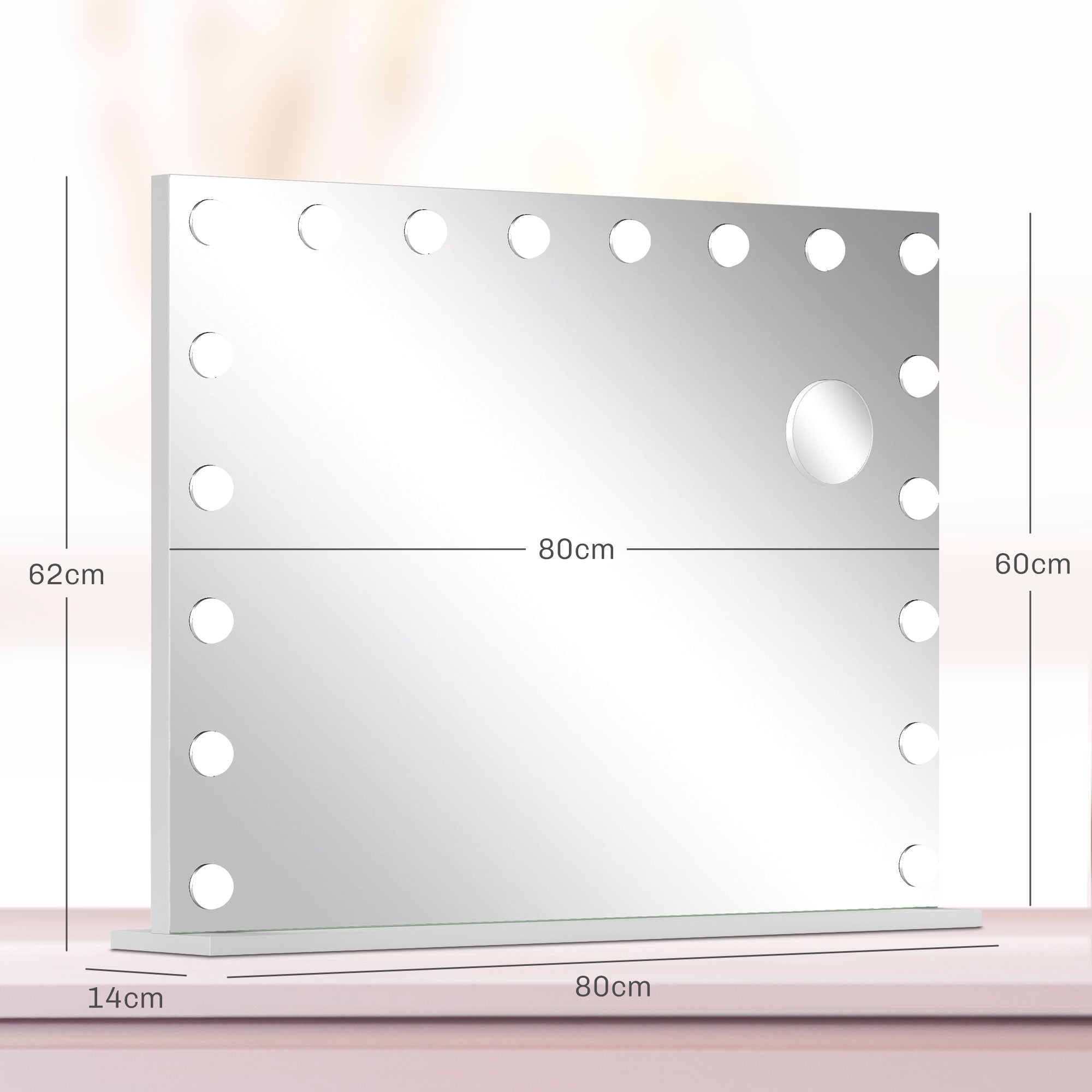HOMCOM Hollywood Vanity Mirror with Lights, Large 80x62 cm Lighted Makeup Mirror with 3 Colour, 18 LED Bulbs, 10X Magnifying, USB Charging Port, Touch Screen, Tabletop or Wall Mounted Design, White - North Peak Garden Furniture