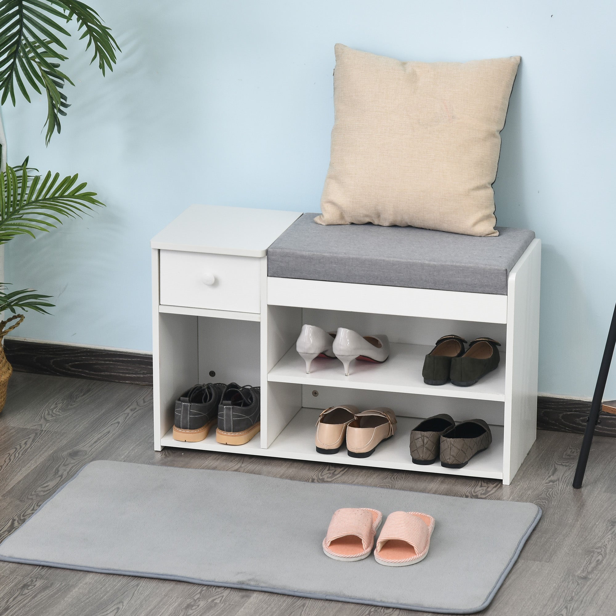 HOMCOM Multi-Storage Shoe Bench w/ Drawer 3 Compartments Cushioned Home Organisation Furniture Tidy Boots Hallway Entryway White - North Peak Garden Furniture
