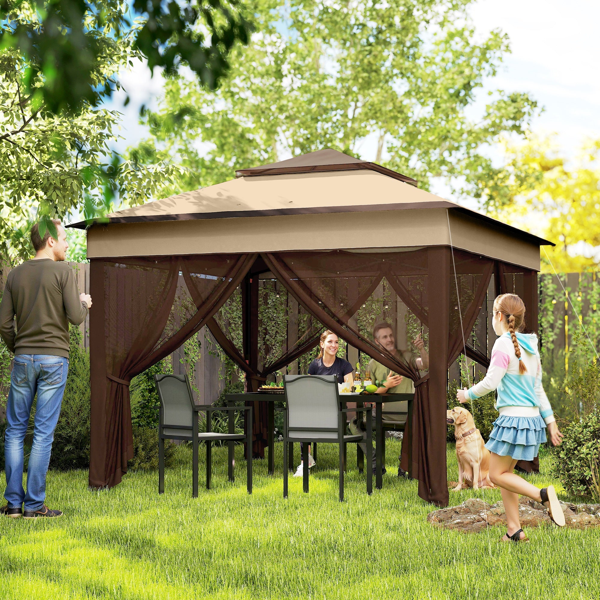 Outsunny 3 x 3(m) Pop Up Gazebo, Height Adjustable Instant Event Shelter with Netting and Carrying Bag, Beige - North Peak Garden Furniture