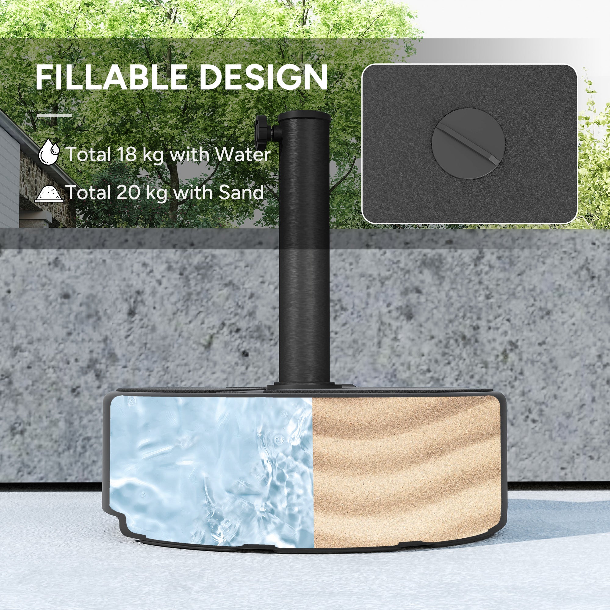 Outsunny Round Garden Parasol Base, Garden Umbrella Stand Heavy Duty Parasol Base, Filled Up to 20kg with Stand or 18kg with Water for 38, 48 mm Poles, Black - North Peak Garden Furniture