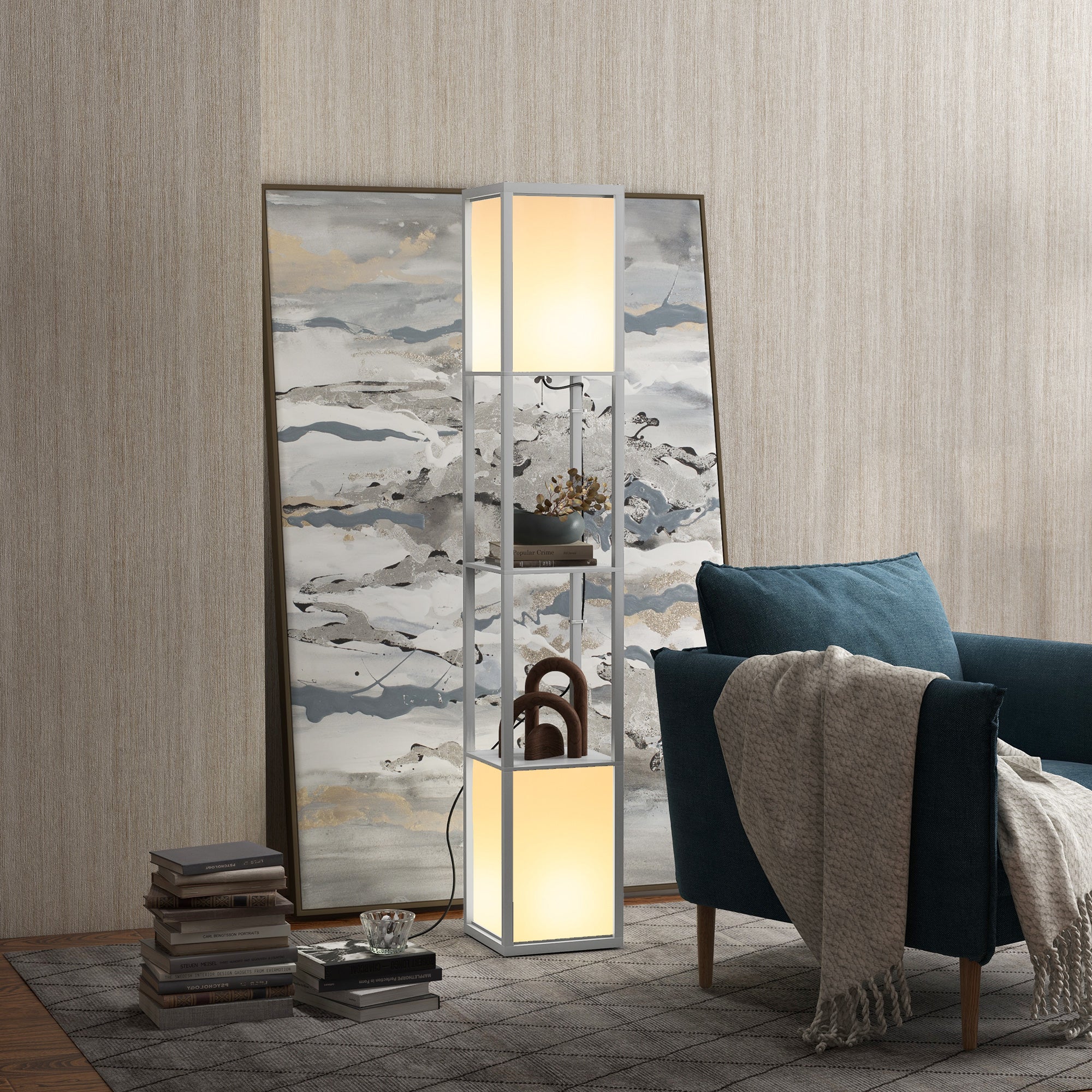 HOMCOM Modern Shelf Floor Lamp with Dual Ambient Light, Standing Lamp Living Room, Bedroom, 156cm, Grey - North Peak Garden Furniture