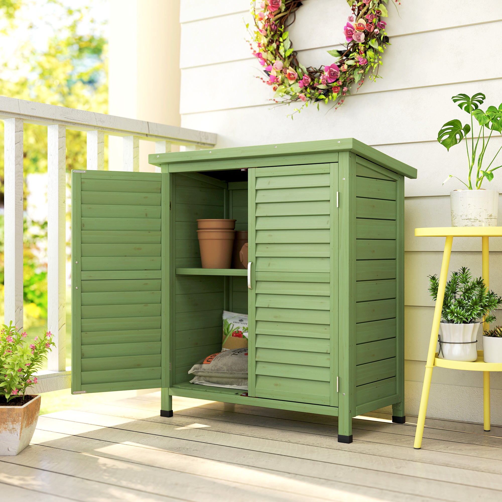 Outsunny Garden Shed Wooden Garden Storage Shed 2 Door Unit Solid Fir Wood Garage Tool Organisation Cabinet, 87L x 46.5W x 96.5Hcm, Green