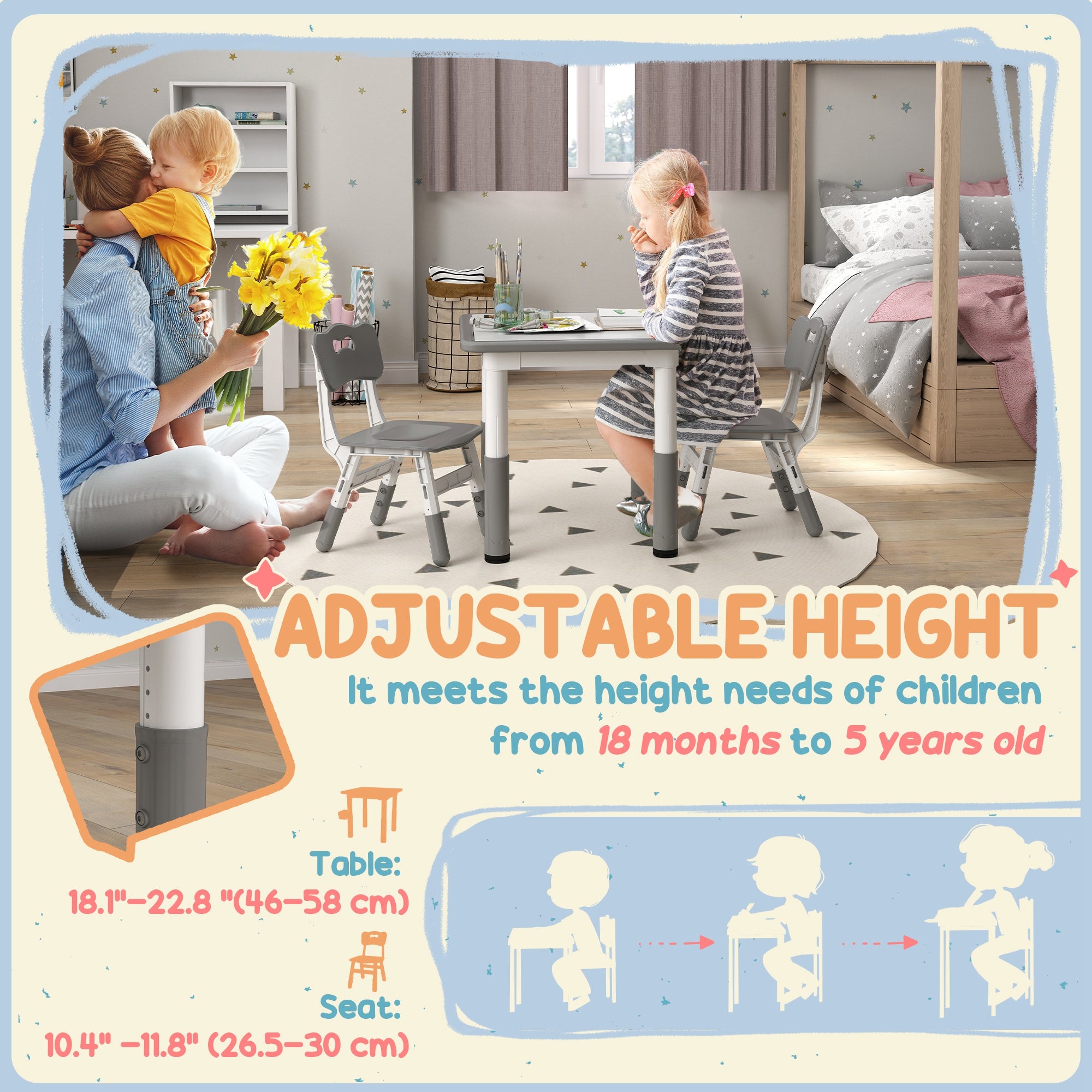 AIYAPLAY Height Adjustable Toddler Table and Chair Set, 3 Pcs Children Activity Table w/ 2 Chairs, for Playroom, Bedroom - Grey