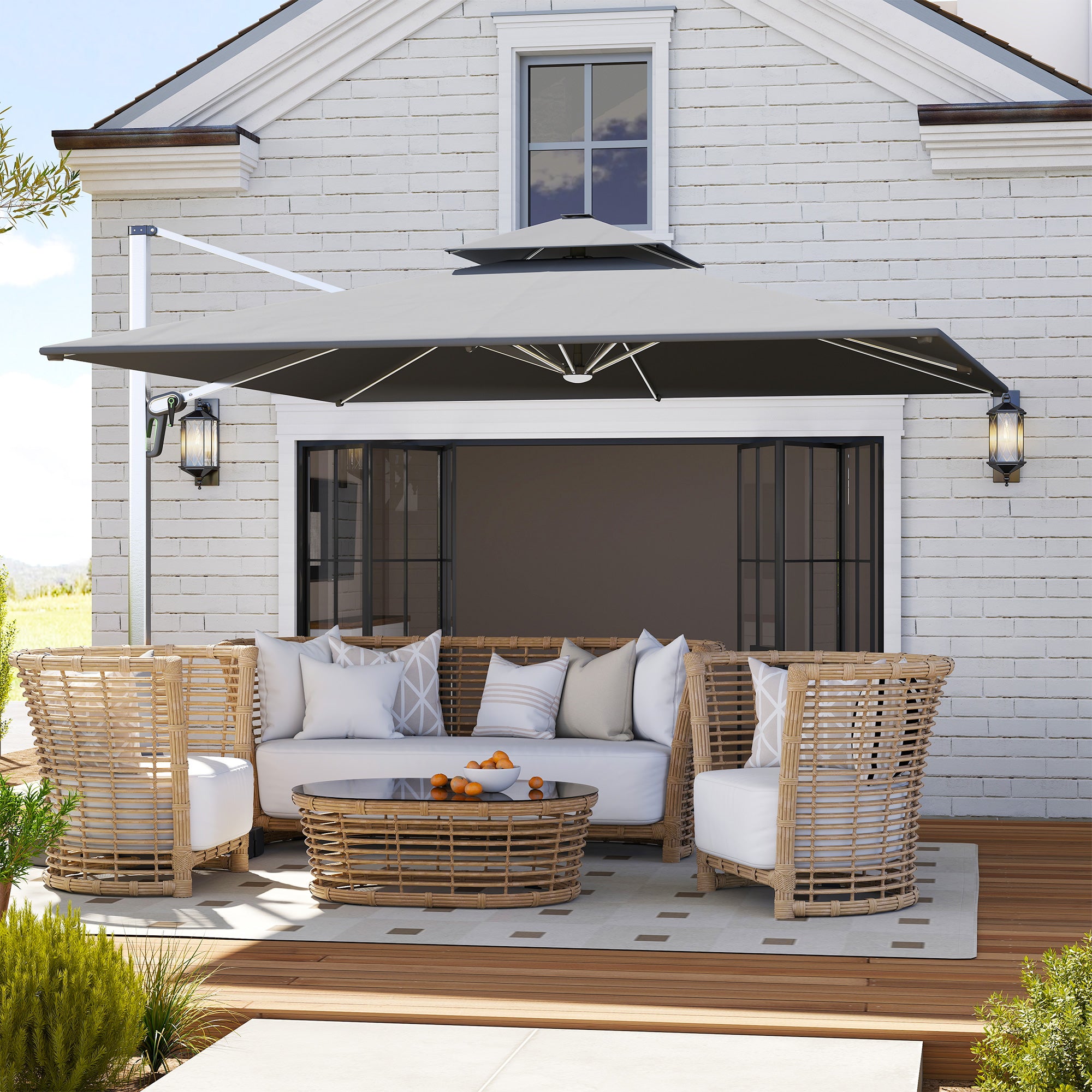 Outsunny 3(m) Garden Cantilever Parasol with Solar LED Lights, Cross Base, 360° Rotation, Crank Handle and Tilt, Grey - North Peak Garden Furniture
