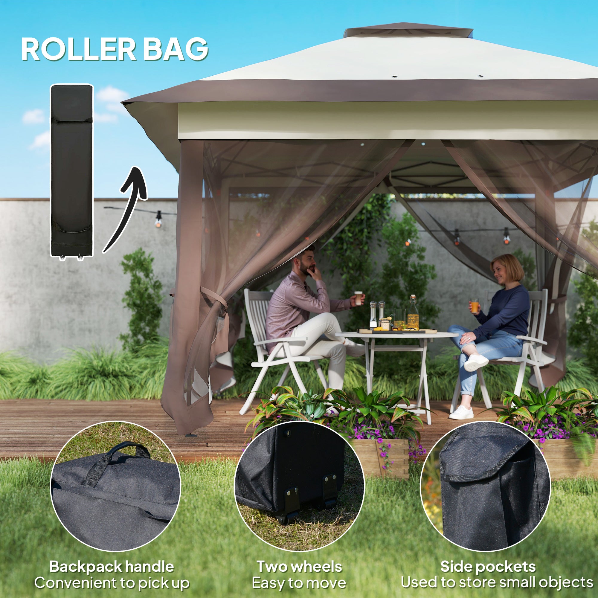 Outsunny 3.6 x 3.6 m Pop up Gazebo with Netting, Height Adjustable Party Tent Instant Canopy Sun Shade Shelter, Khaki - North Peak Garden Furniture
