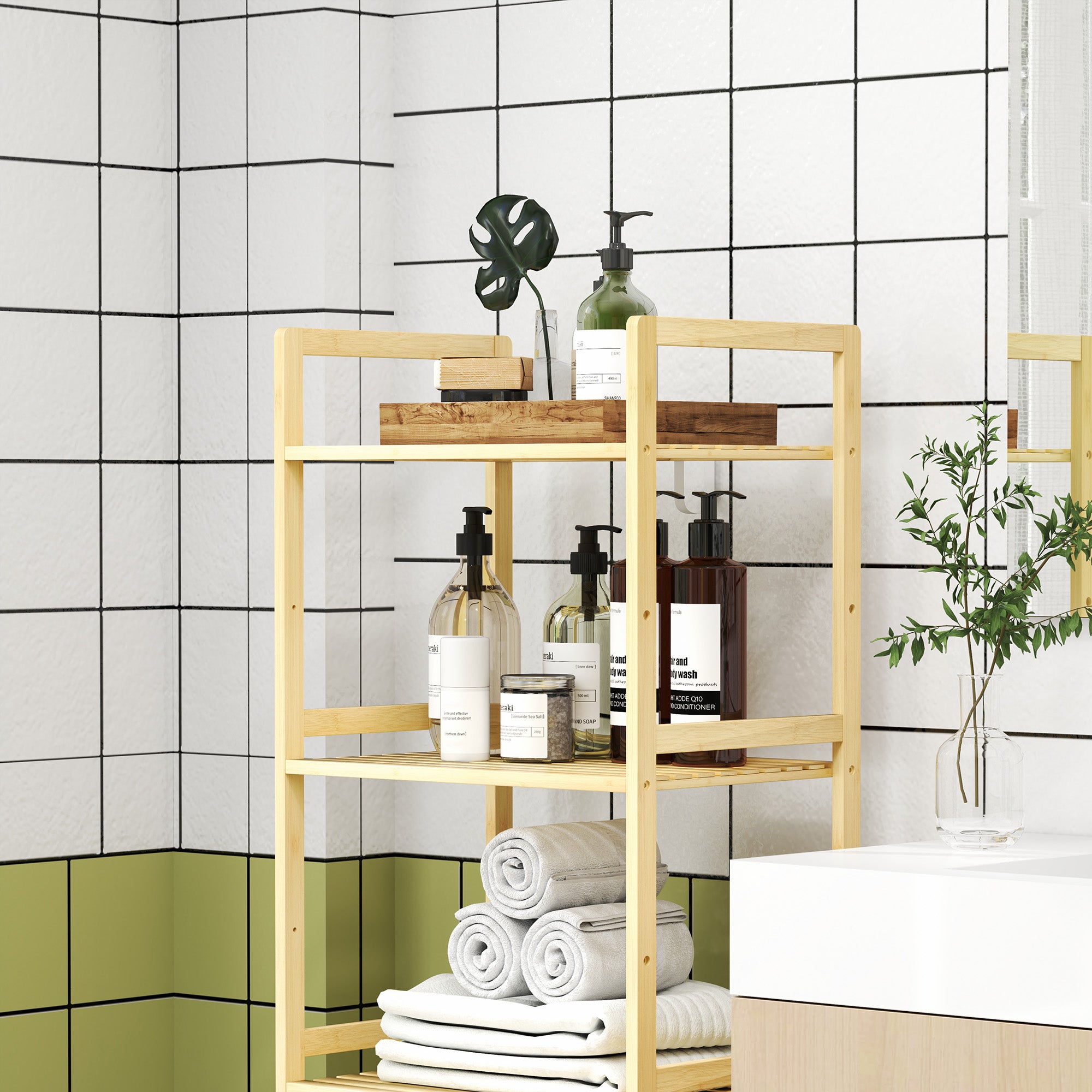 HOMCOM 5-Tier Bamboo Bathroom Storage Shelf, Freestanding Shelving Unit with Adjustable Rack for Kitchen Bathroom Living Room, Natural Wood Finish - North Peak Garden Furniture