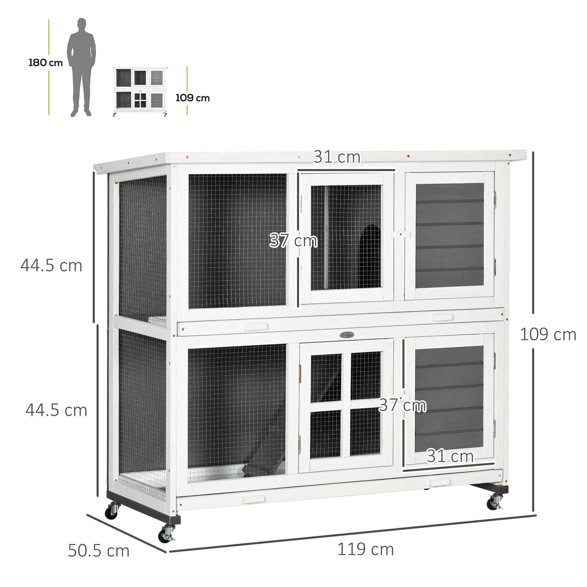 PawHut Wooden Rabbit Hutch, Two-Tier Guinea Pig Cage, with Removable Tray, Wheels