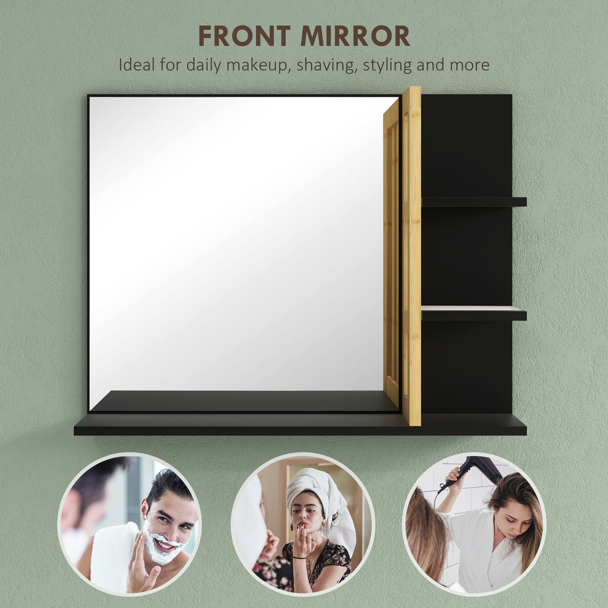 HOMCOM Bamboo Panel Bathroom Mirror, with Shelves - North Peak Garden Furniture