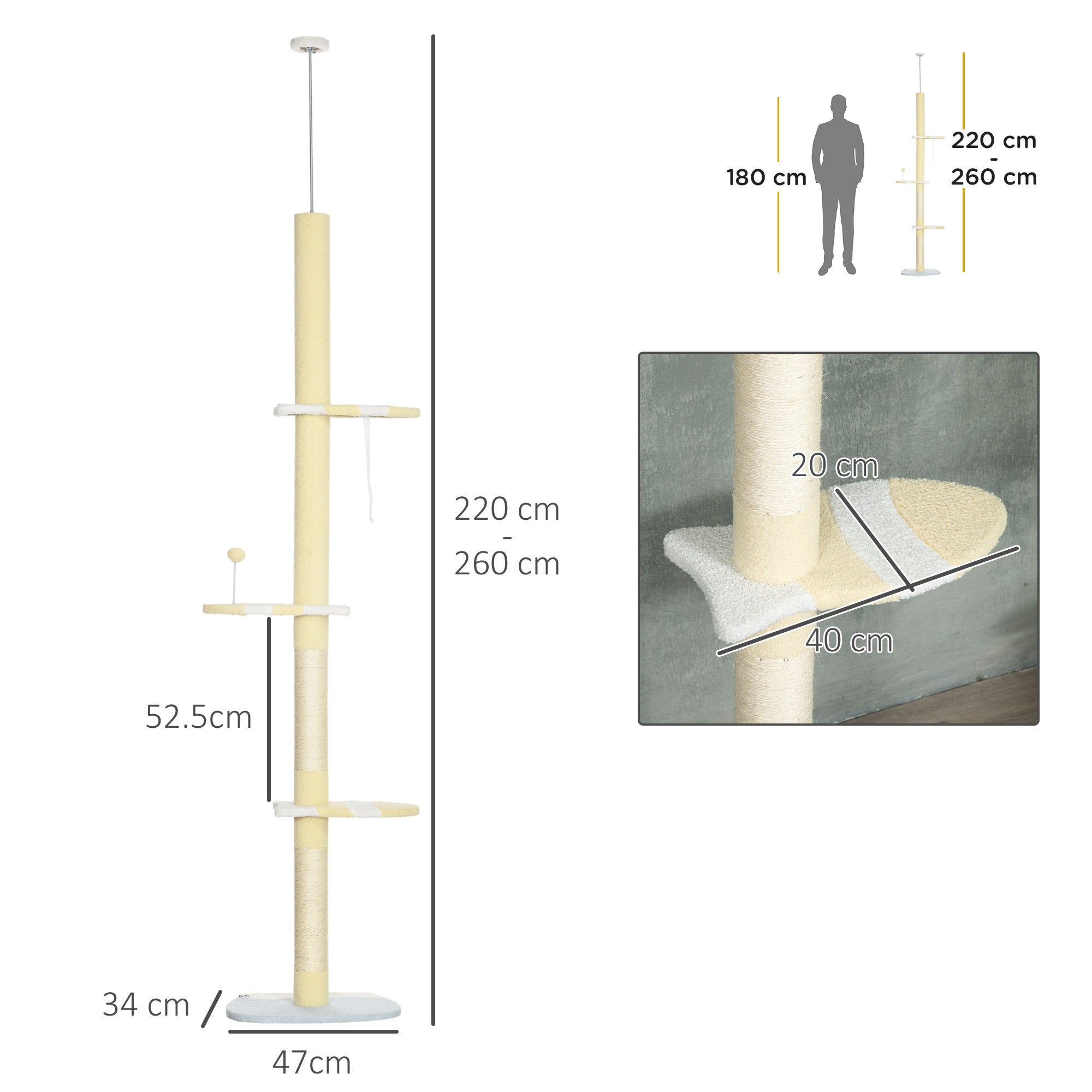 PawHut 260cm Adjustable Floor-To-Ceiling Cat Tree w/ Anti-Tipping Kit, Toy Ball - North Peak Garden Furniture
