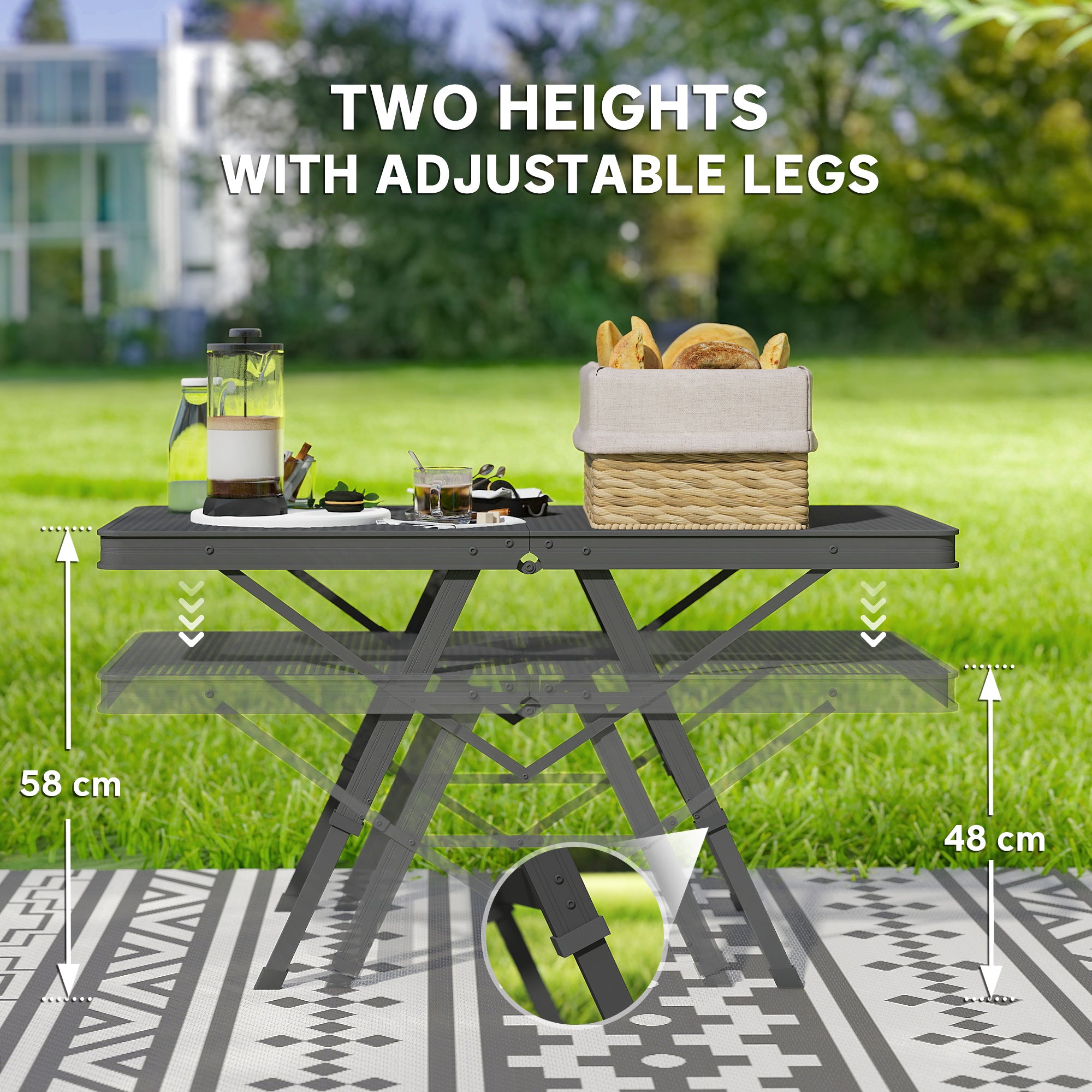 Outsunny 3 ft Folding Camping Table w/ Adjustable Heights, Portable Lightweight Outdoor Folding Picnic Table with Metal Mesh Desktop & Aluminium Legs for Picnic, Garden, Party, Black - North Peak Garden Furniture