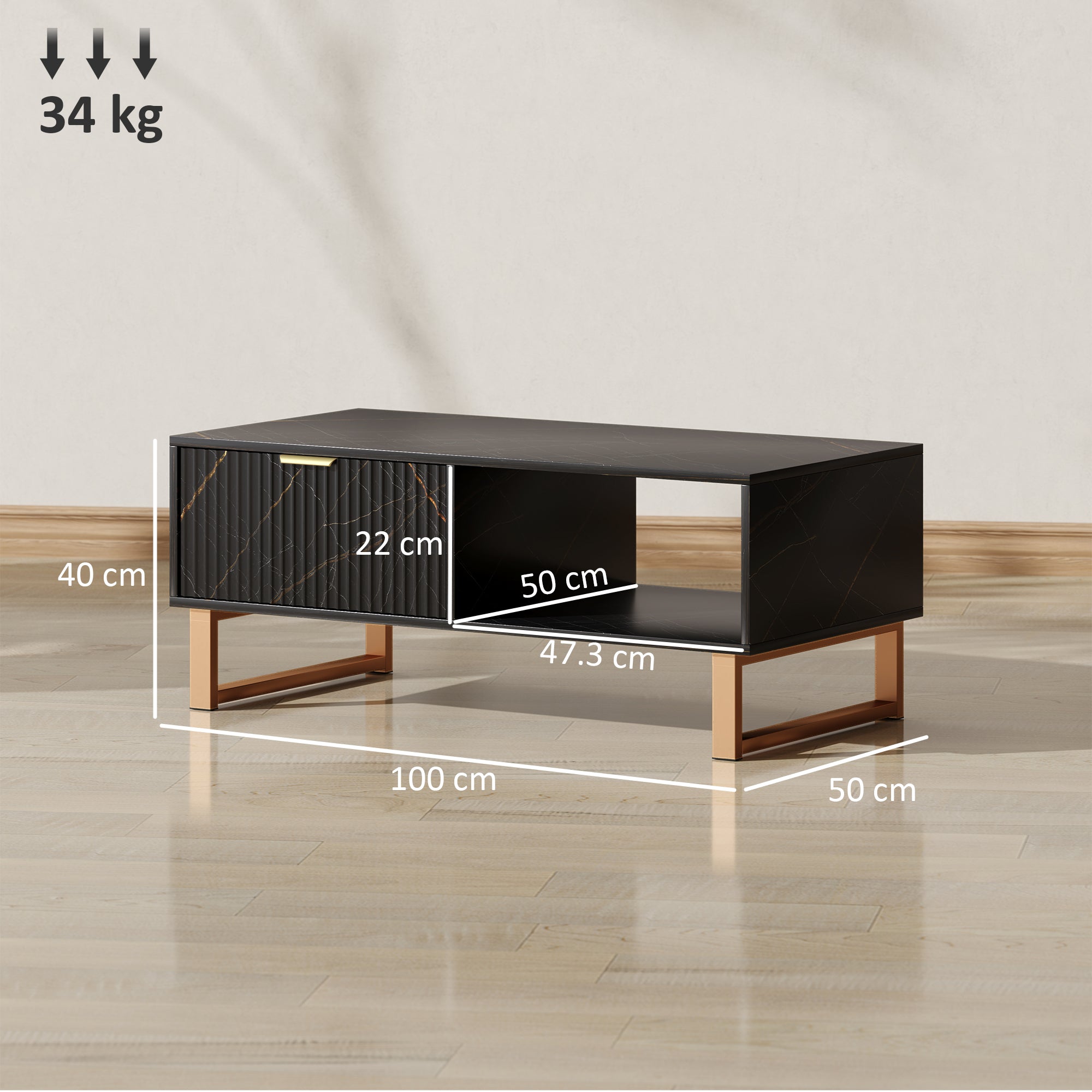 HOMCOM Elegant Marble Effect Storage Coffee Table - Black - North Peak Garden Furniture
