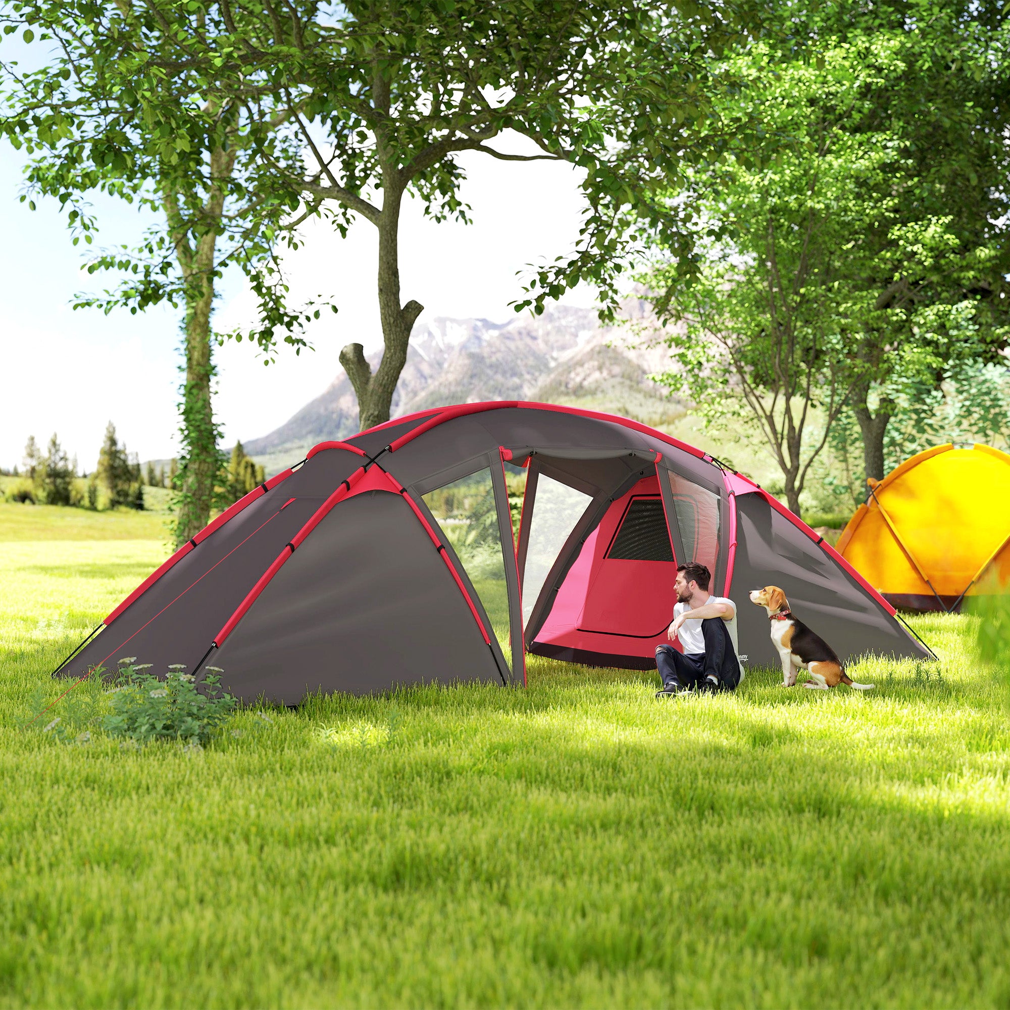 Outsunny 4-6 Man Family Camping Tent w/ 2 Bedrooms and a Living Room, Waterproof Tunnel Tent w/ Sewn In Groundsheet, Doors, Windows, Carry Bag, Grey - North Peak Garden Furniture