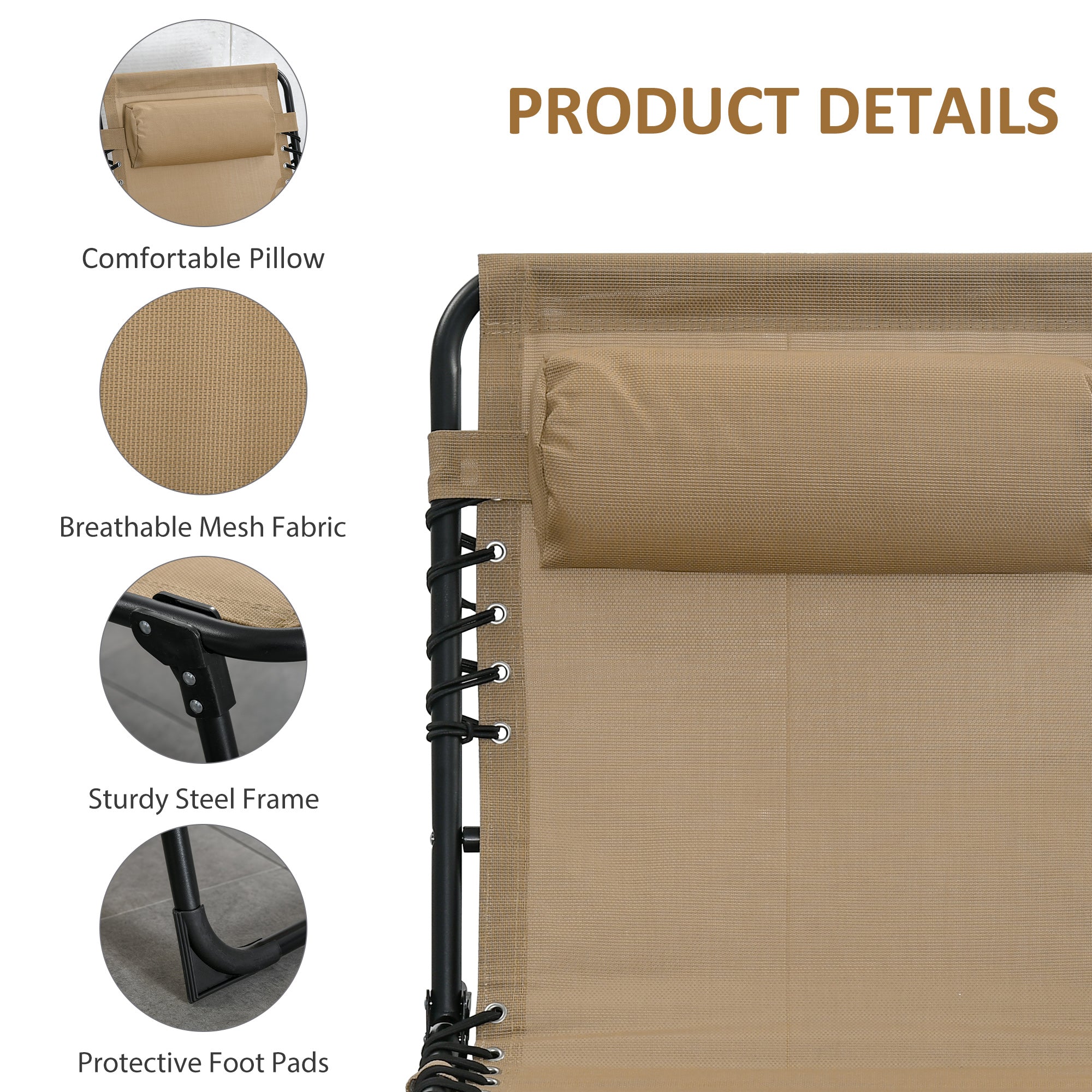 Outsunny Portable Sun Lounger Set of 2, Folding Camping Bed Cot, Reclining Lounge Chair 5-position Adjustable Backrest with Side Pocket, Pillow for Patio Garden Beach Pool, Beige - North Peak Garden Furniture