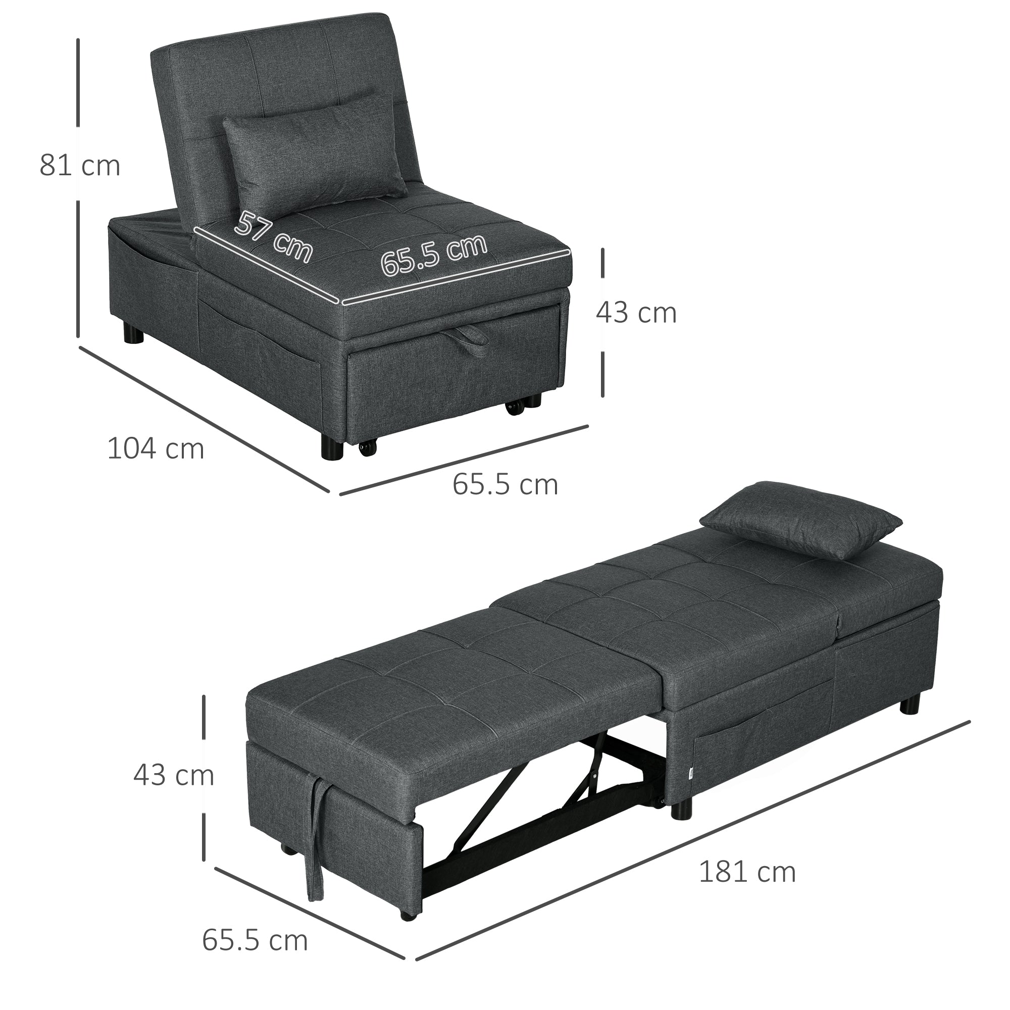 HOMCOM Convertible Chair Bed with Padding Seat, 4-in-1 Multi-Functional Sleeper Sofa Bed, Recliner with Adjustable Backrest, Side Pocket, Wheels and Pillow, for Living Room, Grey