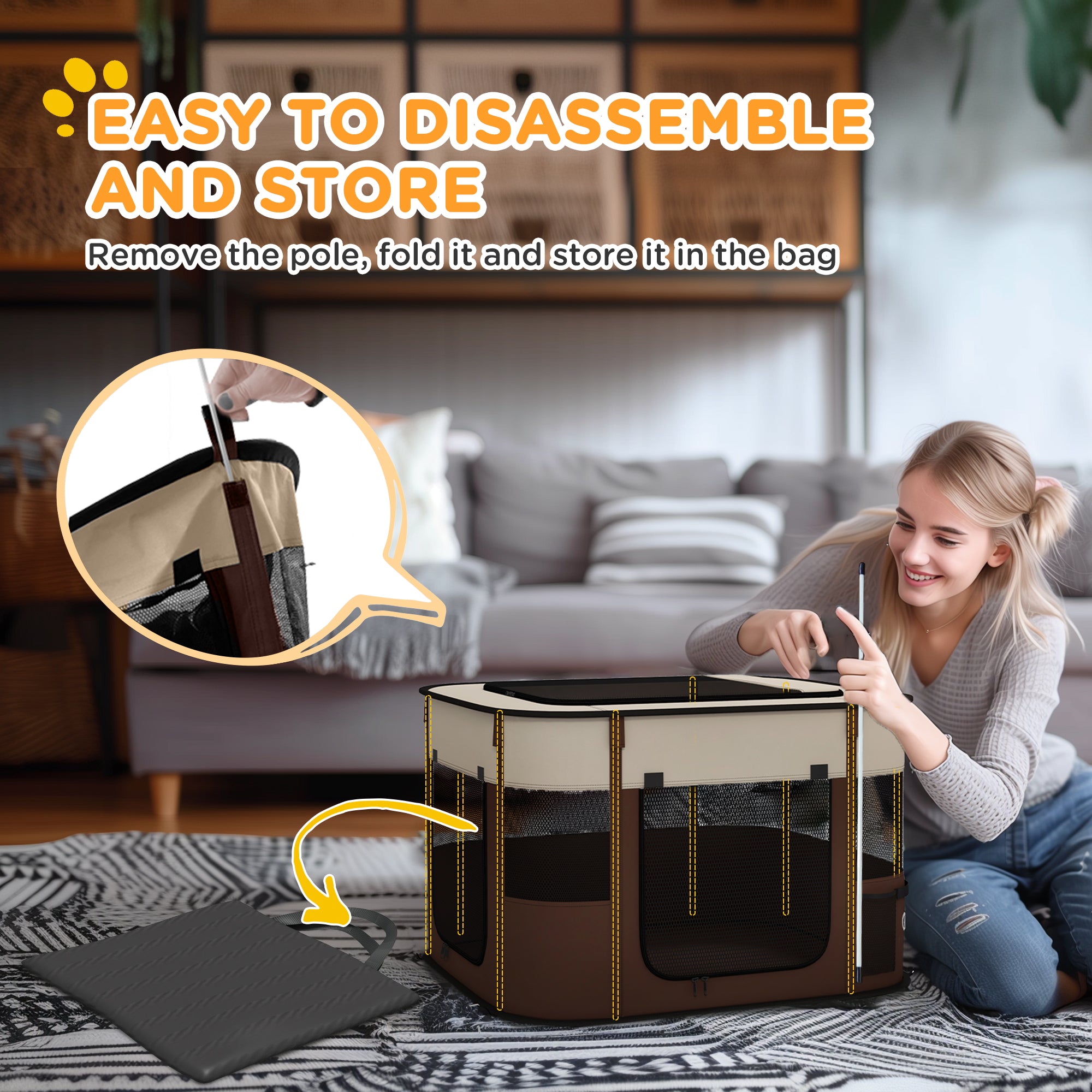 PawHut Foldable Dog Pen with Storage Bag for Indoor/Outdoor Use, Portable Pet playpen, with Ground Stakes - Brown - North Peak Garden Furniture