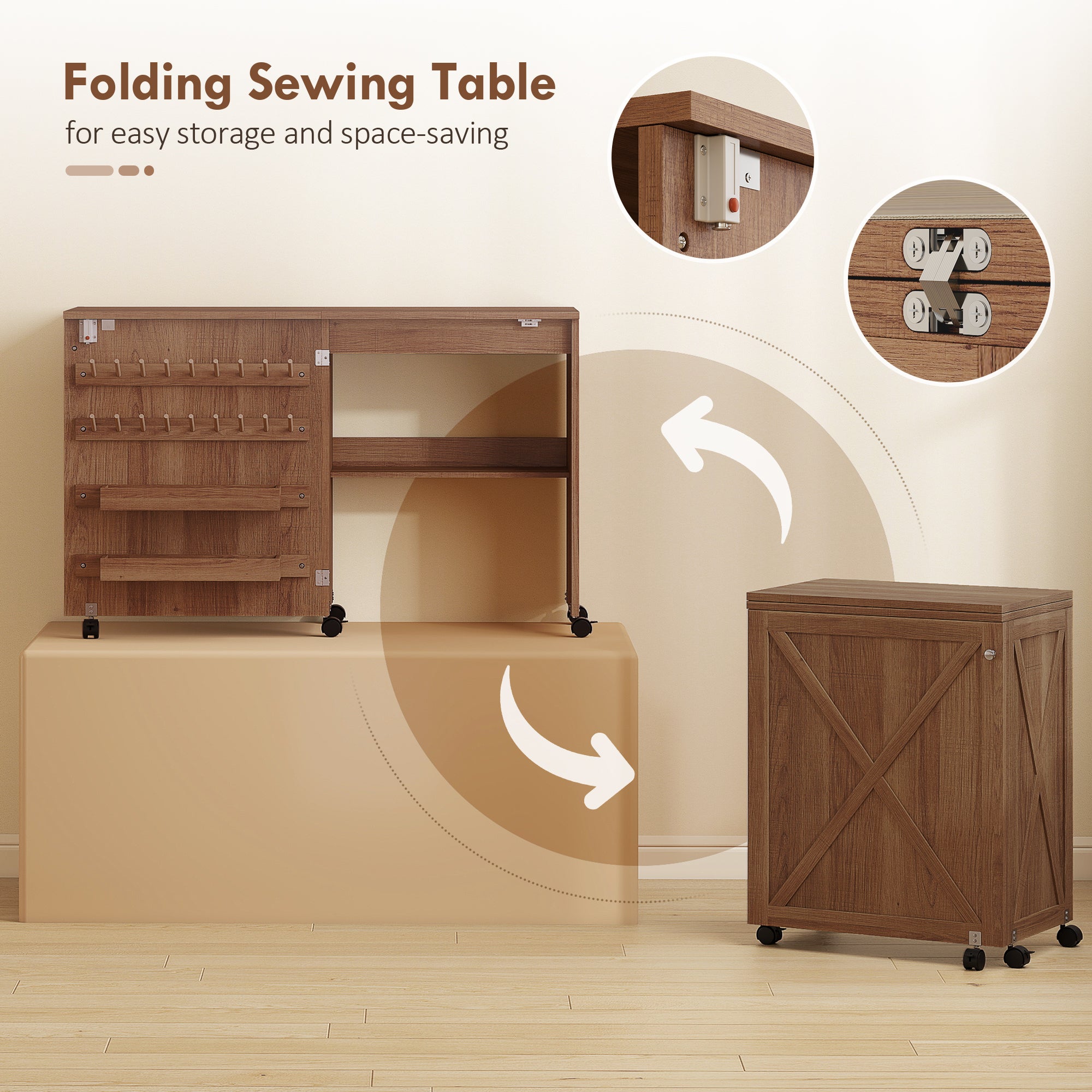HOMCOM Folding Sewing Table, Rolling Craft Table with Storage compartments, Shelf and Lockable Casters for Small Spaces, Brown