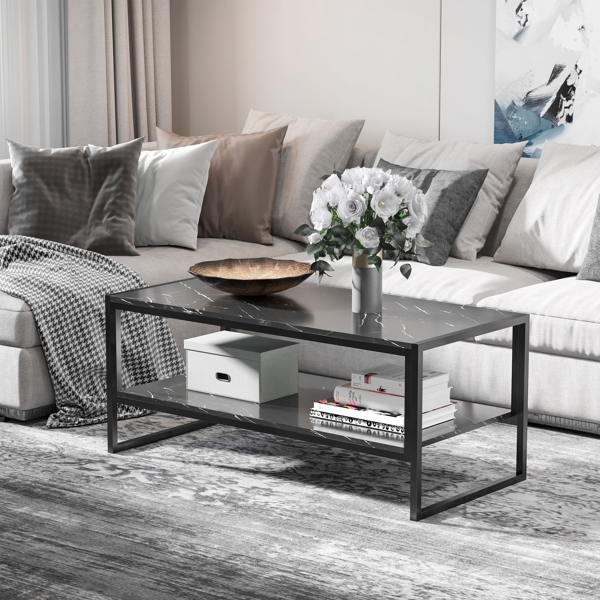 HOMCOM Coffee Table, Two-Tier Marble Centre Table with Metal Frame and Storage Shelf for Living Room, 106 x 50 x 45cm, Black - North Peak Garden Furniture