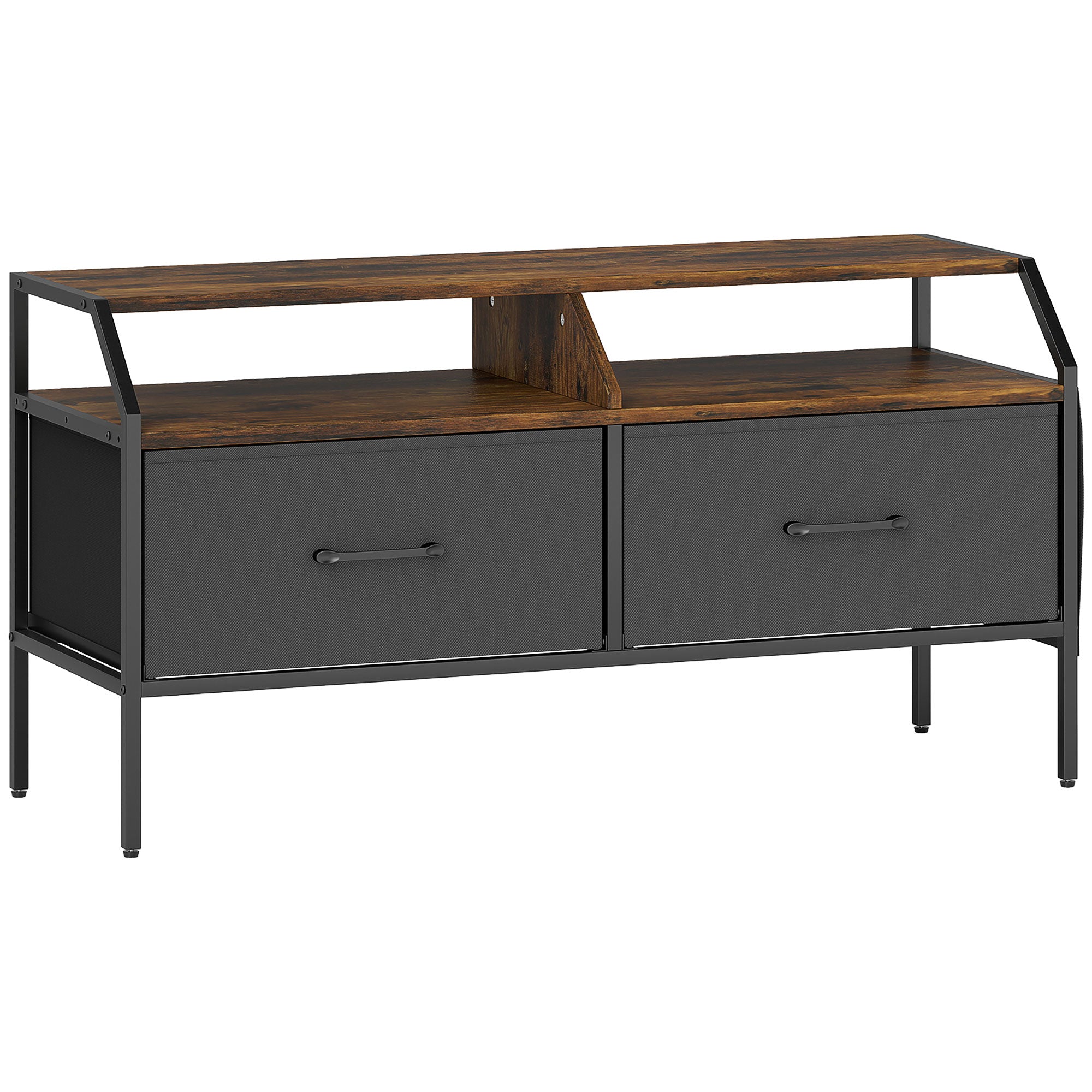 HOMCOM TV Stand Cabinet, TV Unit for 55-inch TVs with 2 Foldable Fabric Drawers, 5 Divided Side Pockets, Open Shelves, Console Table for Living Room, Bedroom, Entertainment Room, Rustic Brown