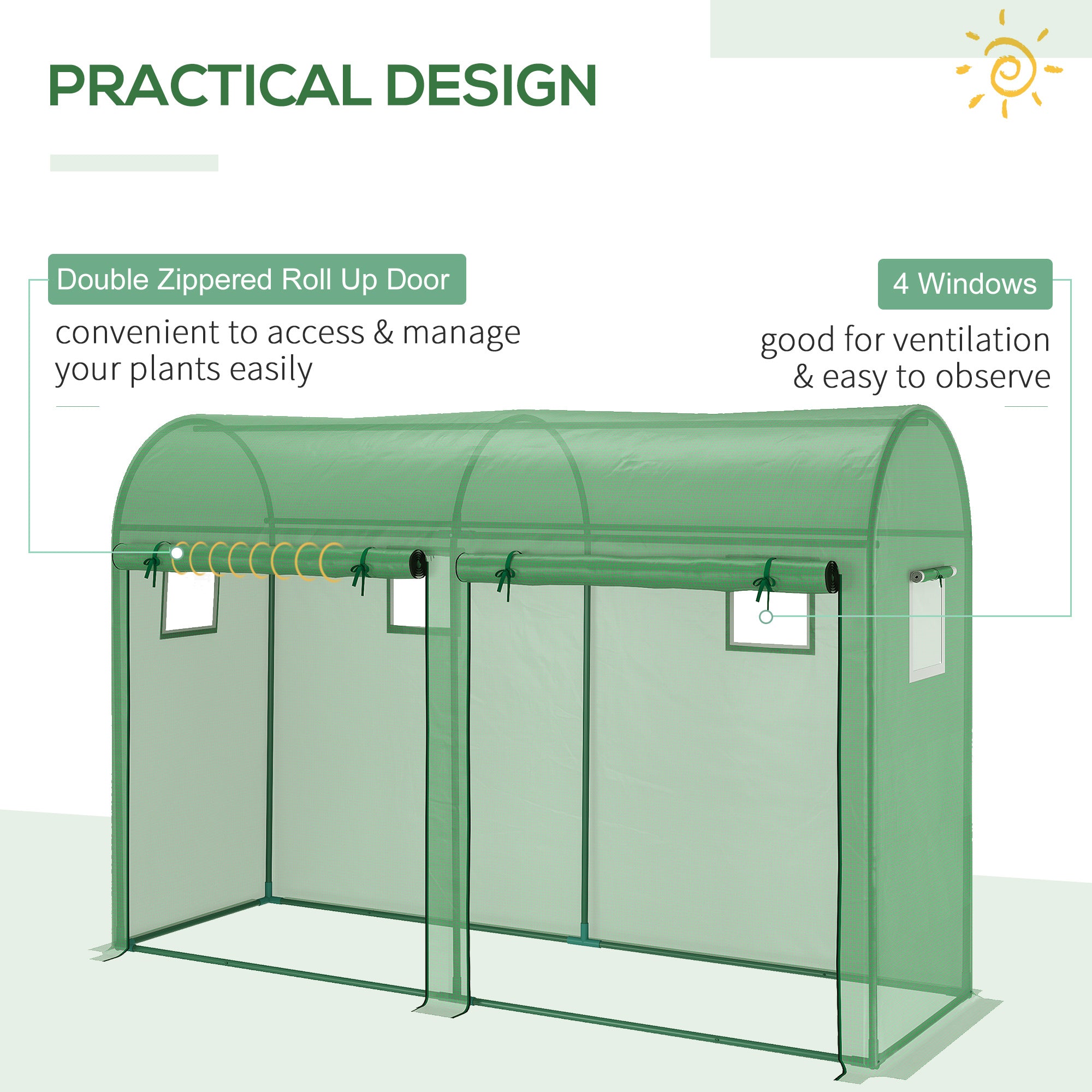 Outsunny Garden Plant Tomato Growth Greenhouse W/ Double Doors & 4 Windows PE Cover Steel Frame Green, 3L x 1W x 2H (m) - North Peak Garden Furniture