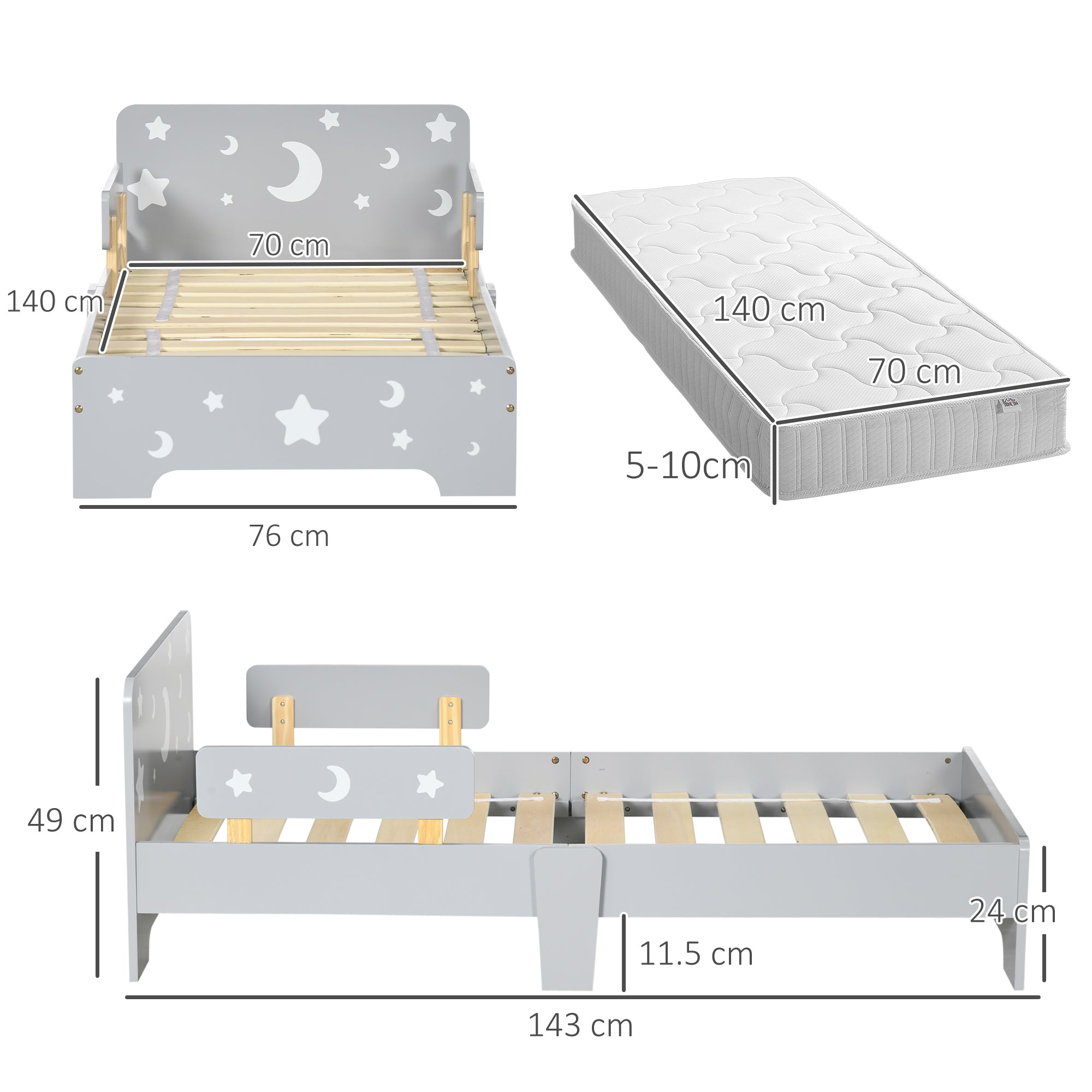ZONEKIZ Kids Toddler Bed, with Star and Moon Patterns, Side Rails, for Ages 3-6 Years - Grey - North Peak Garden Furniture