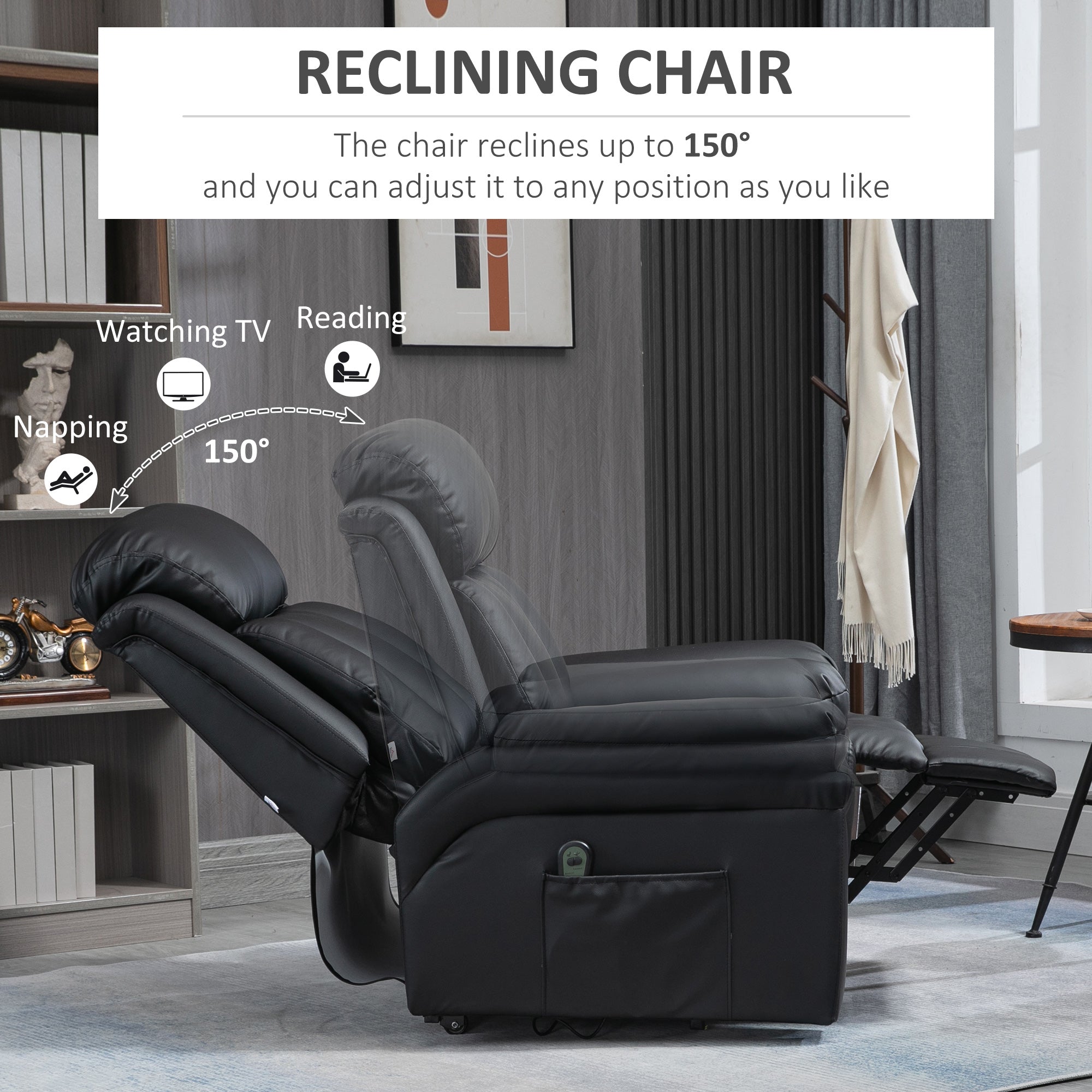 HOMCOM Power Lift Recliner Armchair, Electric Lift Chair for Elderly, Overstuffed Faux Leather, Riser and Reclining Chair with Remote Control, Side Pockets, Extended Footrest, for Living Room, Black - North Peak Garden Furniture